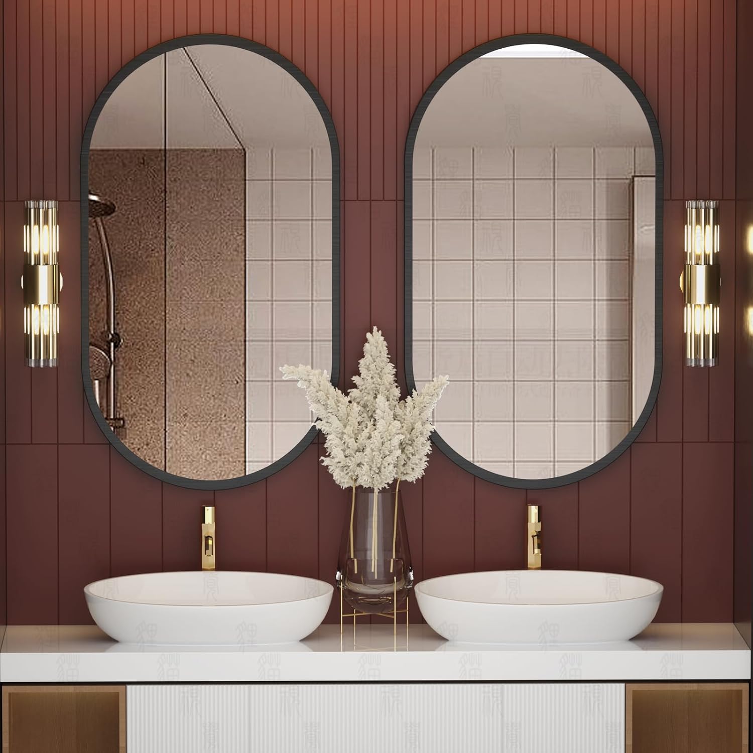 Espejo ovalado negro de 24 x 36 pulgadas, espejo de tocador de baño, con marco de metal, espejo en forma de píldora, moderno horizontal o vertical,