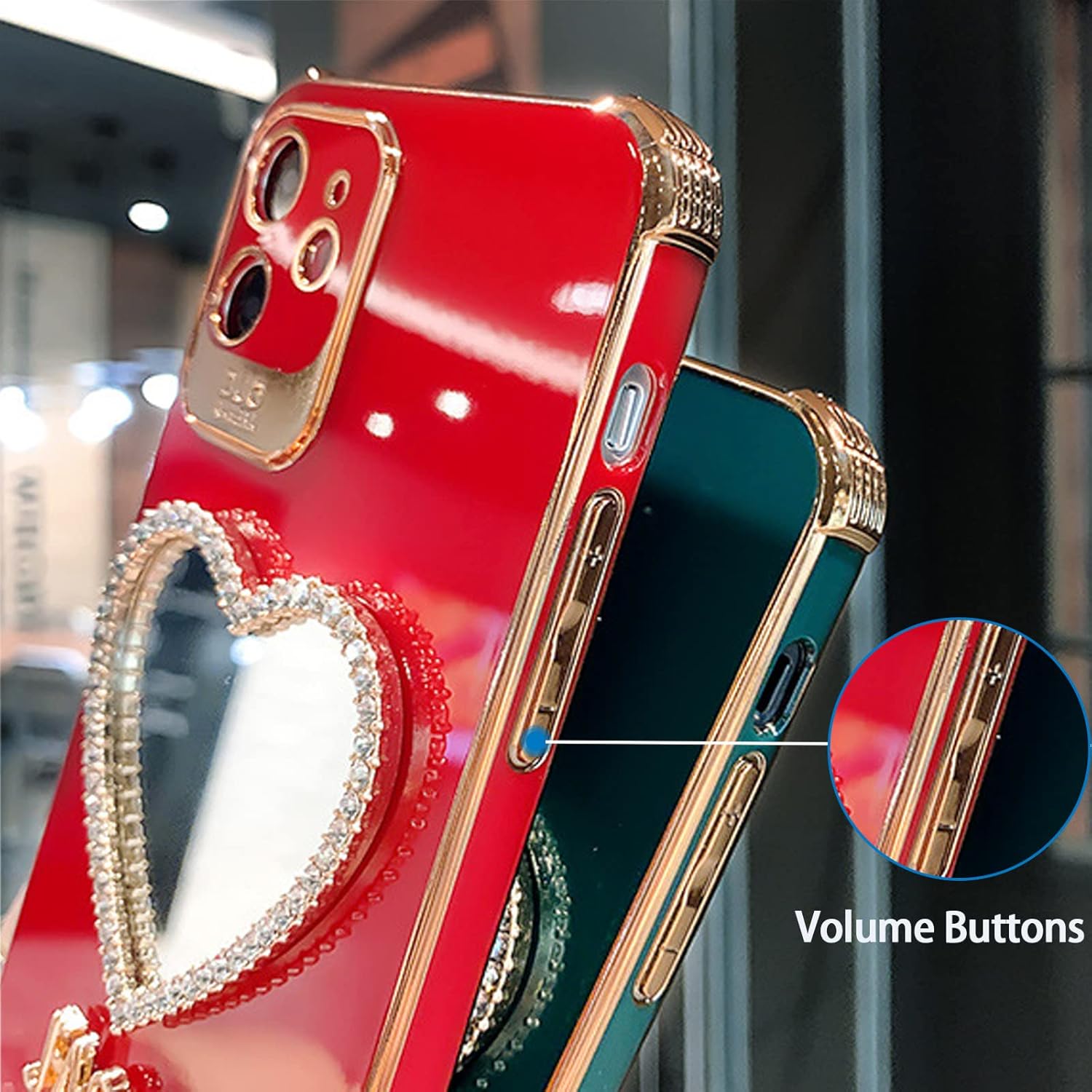 Anloes Funda para teléfono con espejo de maquillaje, lujosa funda con marco en forma de corazón, bonita funda protectora brillante para iPhone