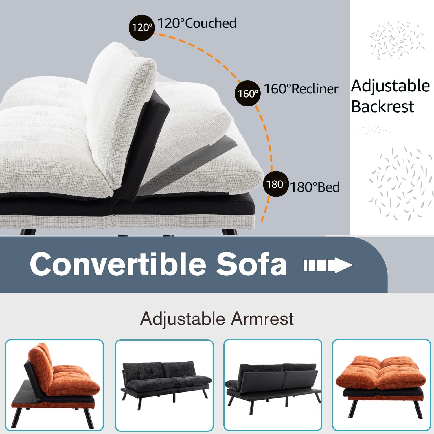 Anwick Sofá cama convertible ajustable, sofá biplaza futón con chenilla transpirable, patas de metal y salón ajustable, perfecto para espacios de