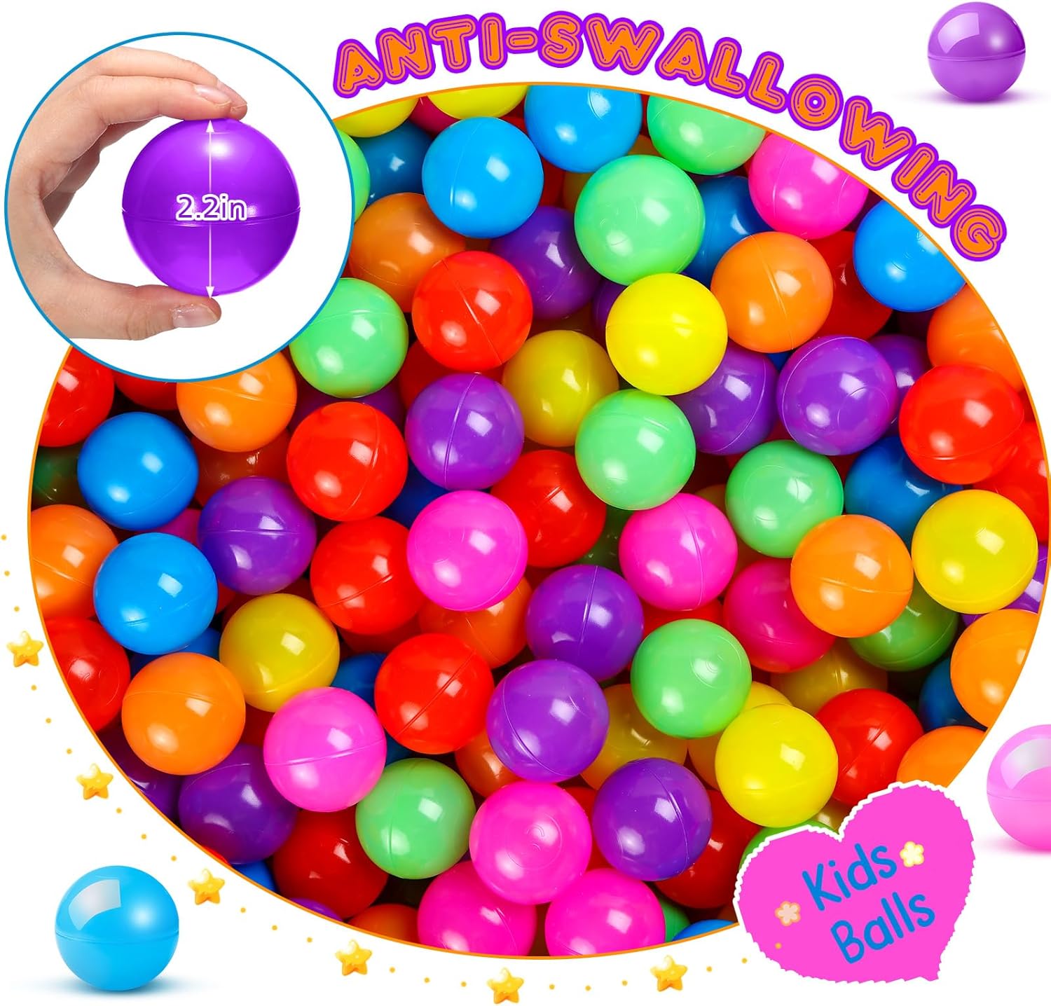 Meooeck Pelota colorida de 2.2 pulgadas de plástico suave a prueba de aplastamiento para exteriores, juguetes para piscina, casa, patio, accesorios