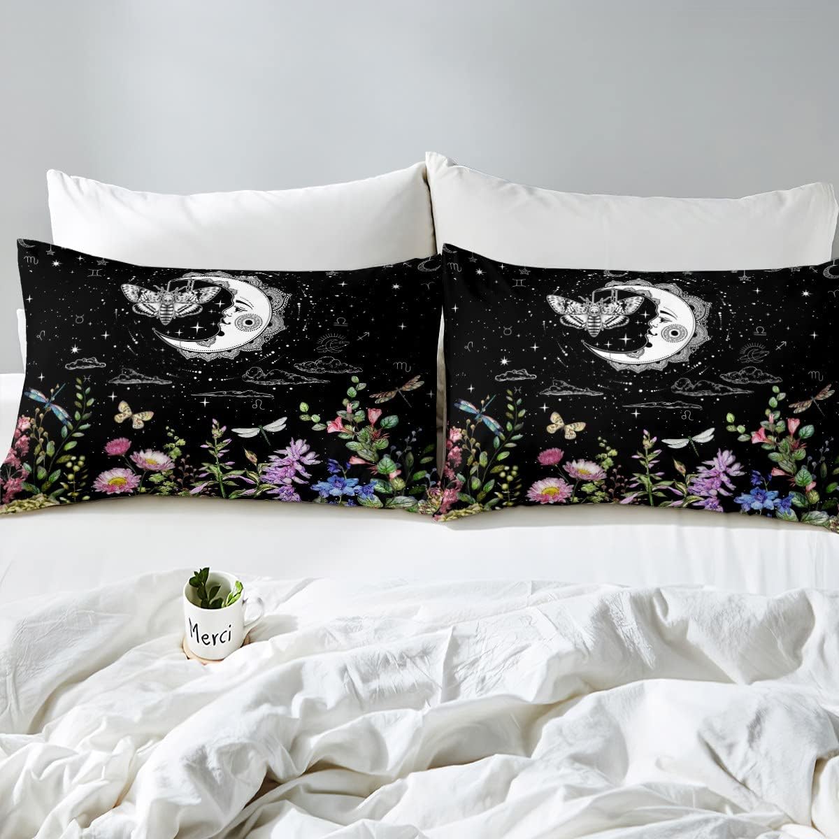 Erosebridal Juego de ropa de cama bohemio con diseño de polilla de sol y luna, color negro y blanco, funda de edredón gótica de calavera de azúcar y