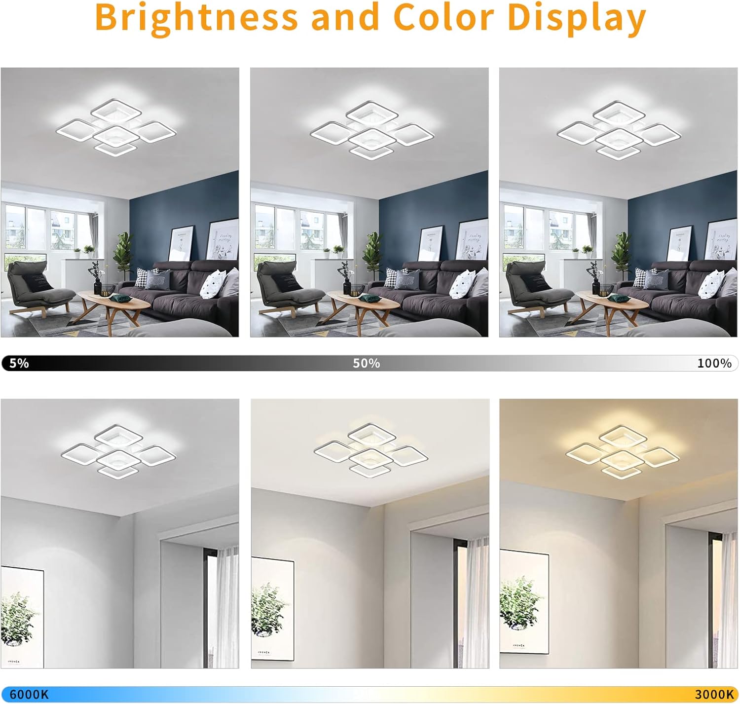 Jaycomey Lámpara de techo LED moderna regulable, 23.6 pulgadas, montaje empotrado, con control remoto, lámpara de techo acrílica de 5 cuadrados para