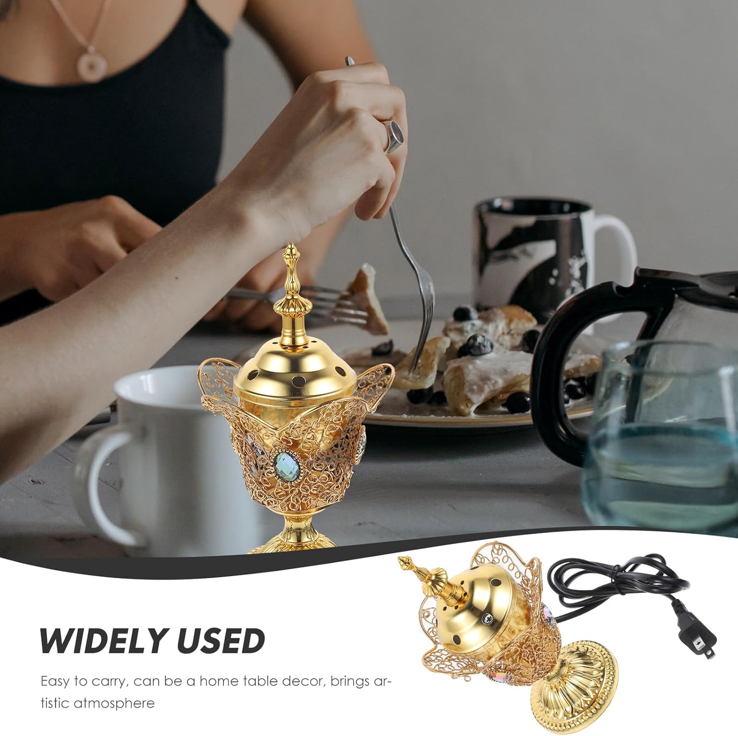 Quemador de incienso eléctrico de metal, estilo de Oriente Medio, incensario eléctrico de mesa para hogar, oficina, yoga, spa, decoración de