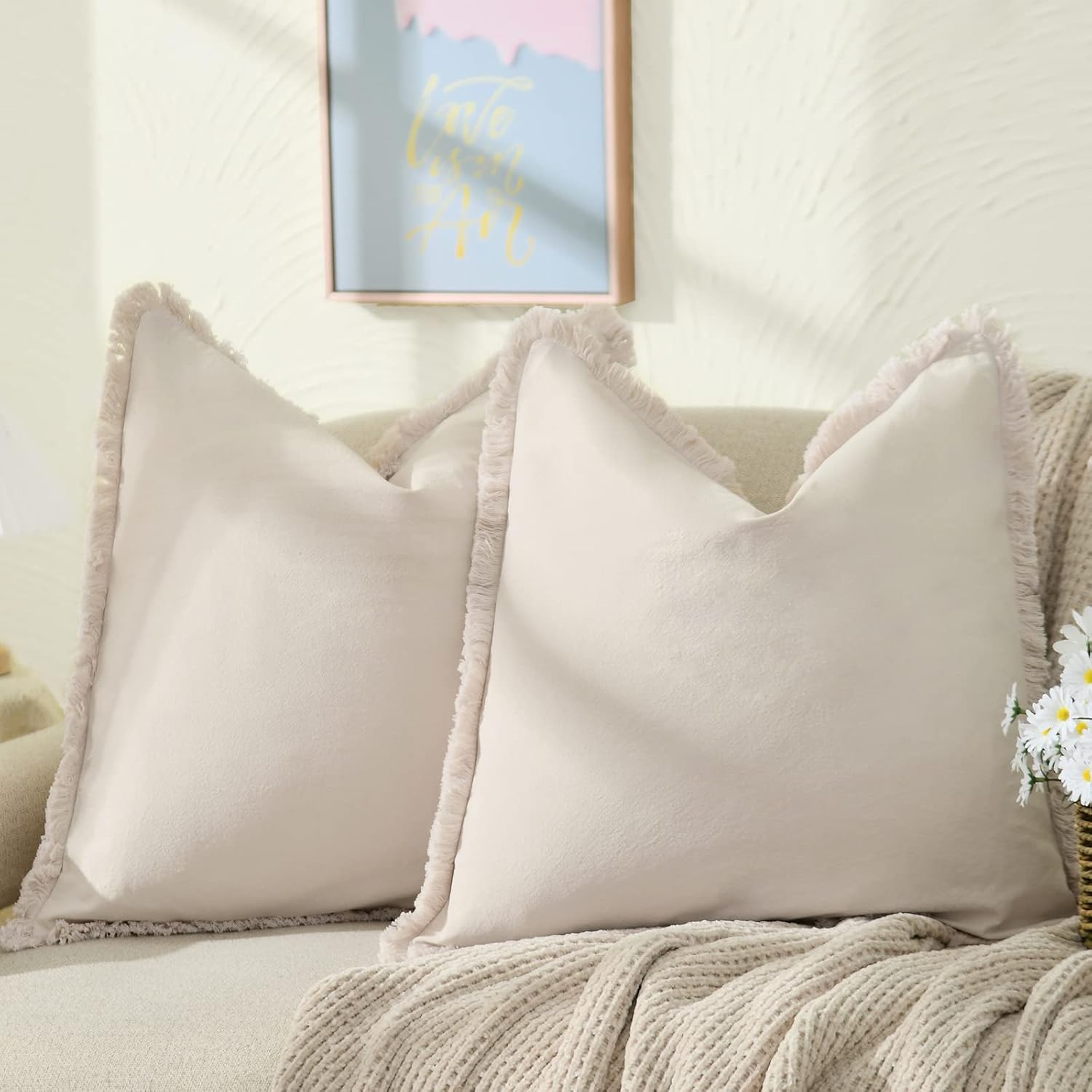 ZWJD Juego de 2 fundas de almohada de 20 x 20 pulgadas, color beige, con flecos, de algodón, decorativas, cuadradas, para sofá, cama, sala de estar,