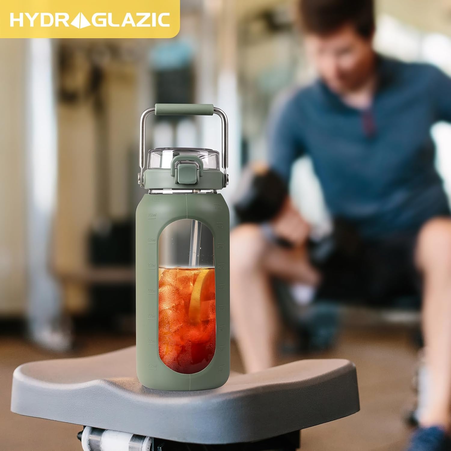 Botella de agua de vidrio de 64 onzas, botella de agua potable de vidrio con popote y mango de acero inoxidable, botella de agua motivacional de