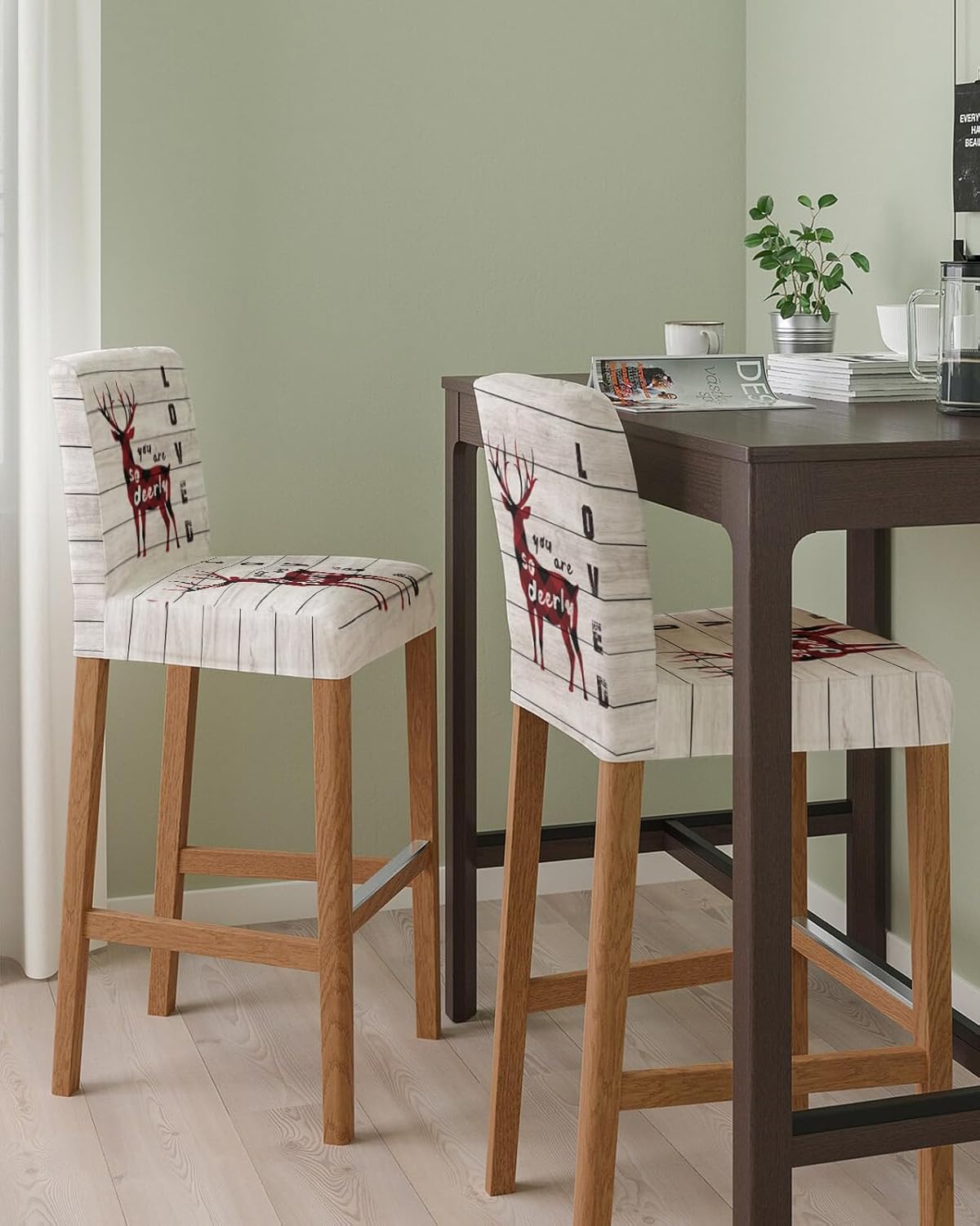 Bar Stool Covers Reindeer Shape Stretch Removable Bar Chair Cover I Love You Red Buffalo Check Plaid Wooden Counter Slipcovers for Kitchen Pub
