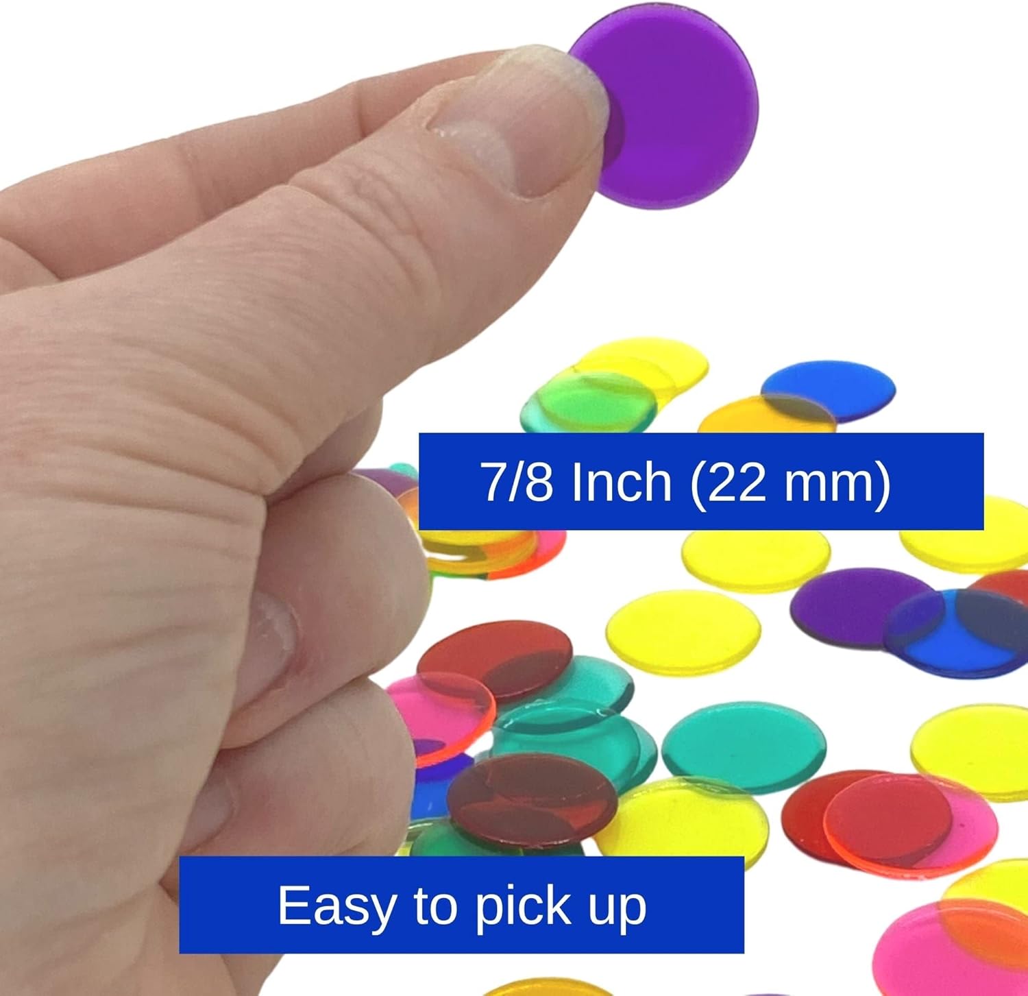 MR CHIPS Fichas de bingo de plástico para juegos de bingo, bolsa de 250 unidades, chips de conteo de colores sólidos y transparentes, azul
