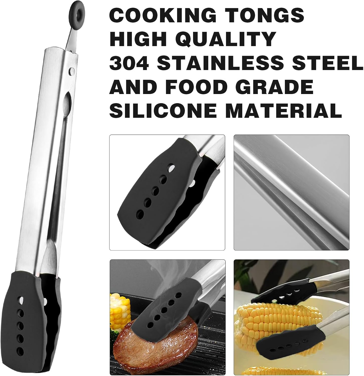 Juego de 2 tenedores de silicona, pinzas de acero inoxidable para cocinar con puntas de silicona de 10 pulgadas, tenedor de pasta negro y pinzas