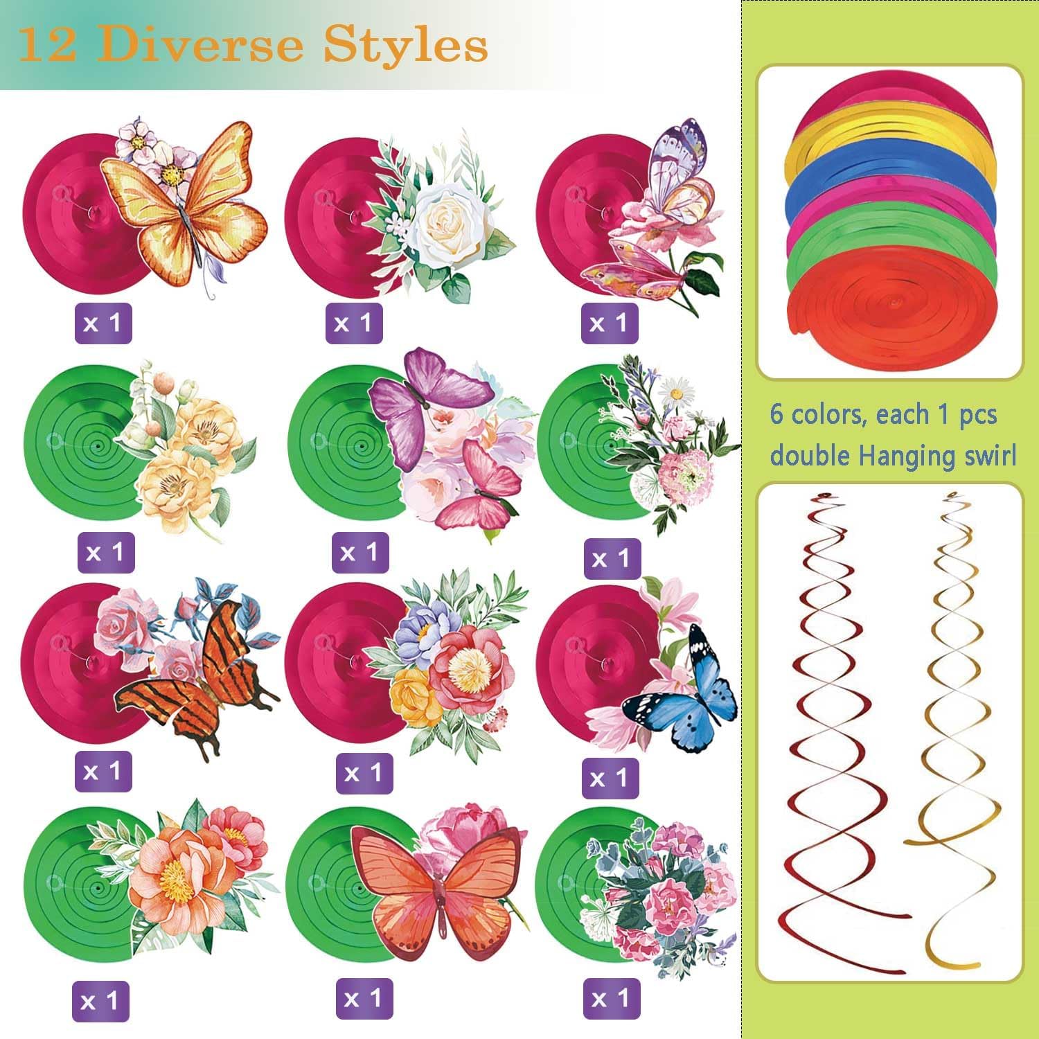 30 piezas de espirales colgantes de mariposas, decoraciones de fiesta de mariposas, remolinos colgantes de flores, decoraciones de serpentinas de