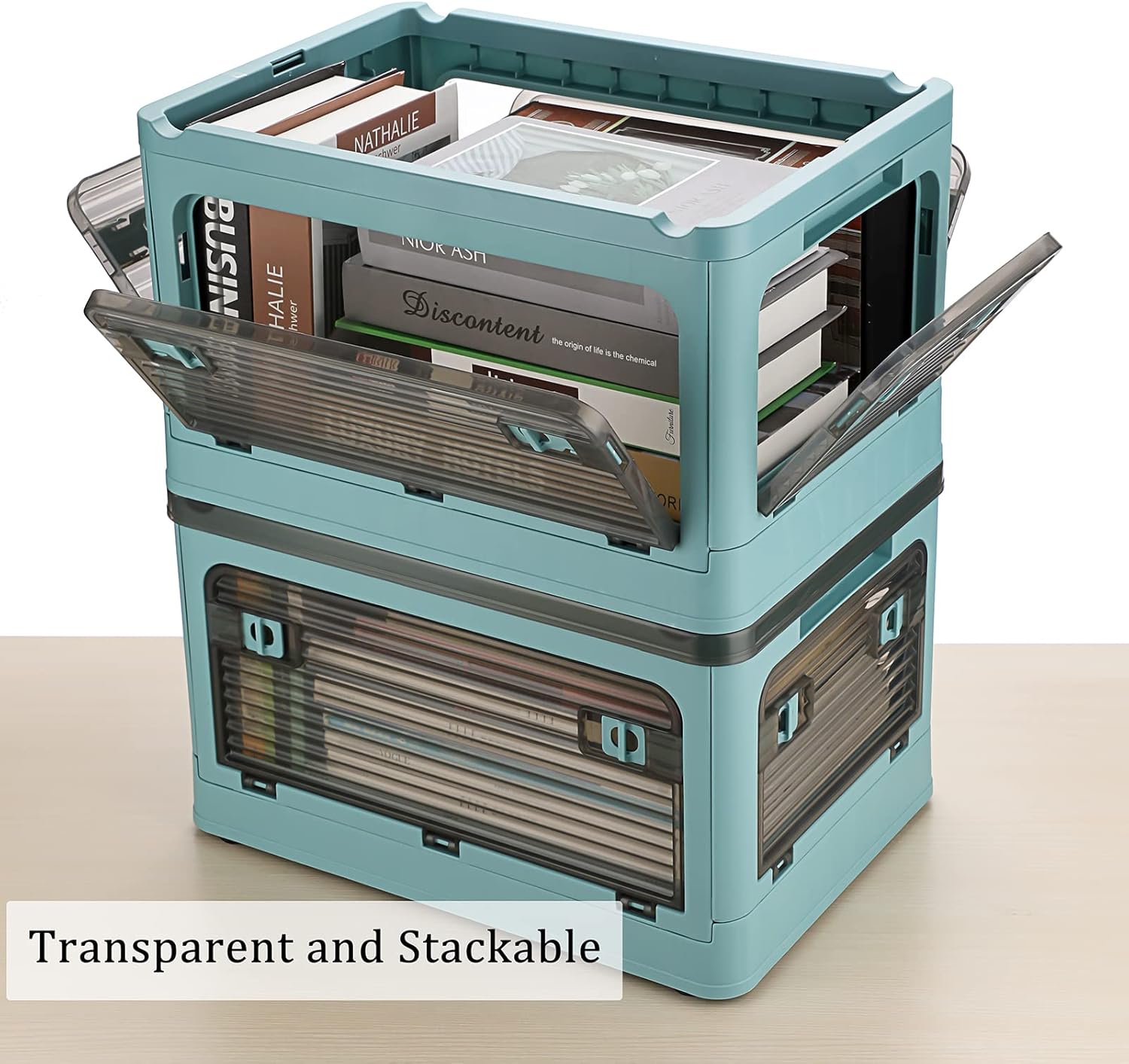 BTSKY Paquete de 2 contenedores plegables de plástico transparente de 4 puertas con tapa y ruedas de 20 litros, caja de almacenamiento plegable