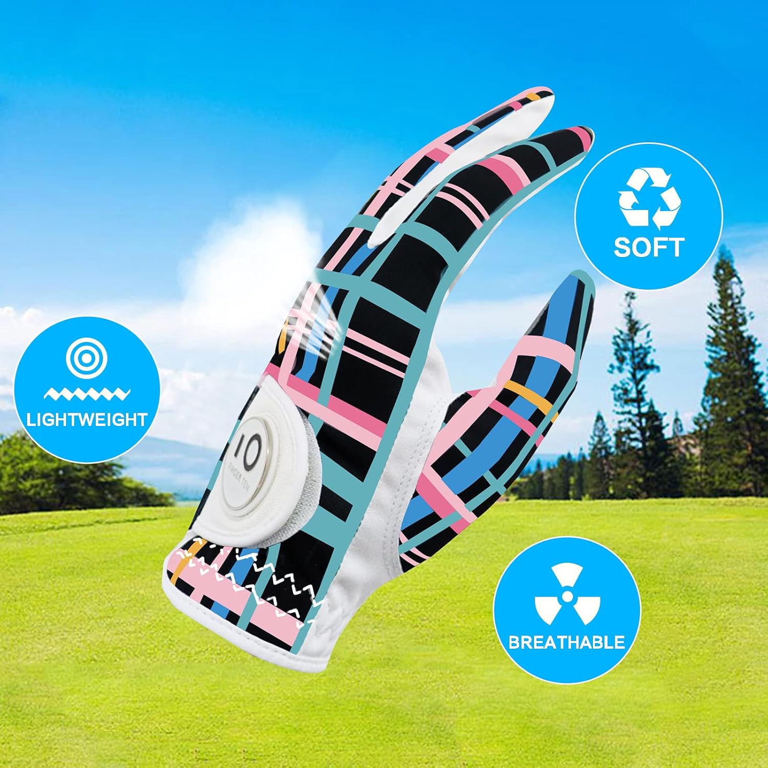 FINGER TEN Golf Gloves Women Right Handed Golfer Left Hand with Ball Marker USA Flag Ladies Breathable Soft All Weather Grip Printed Pattern Size XS