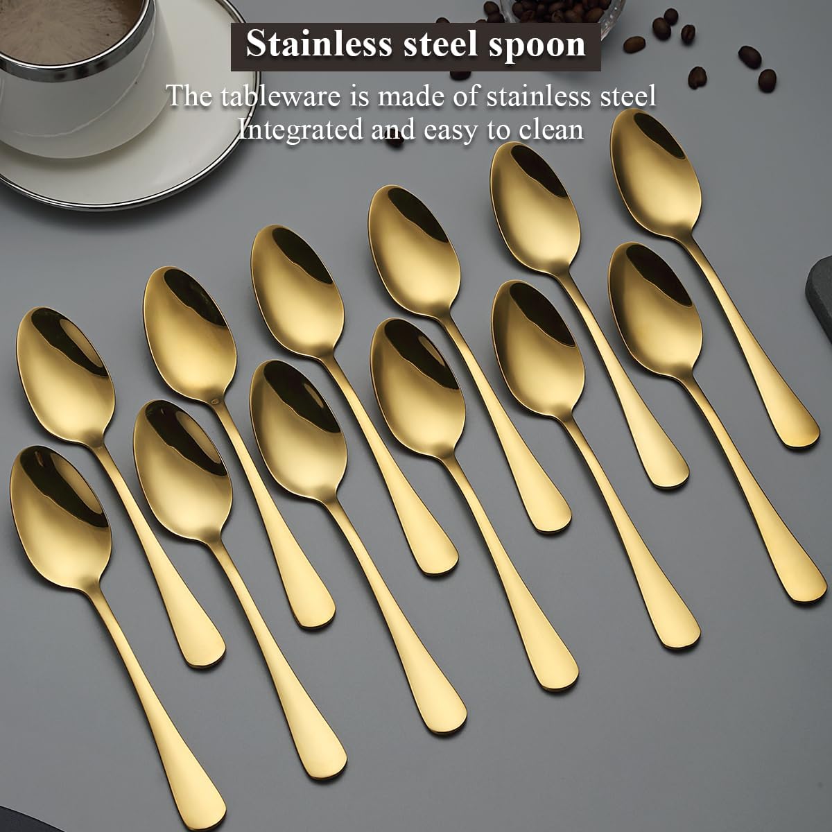 Cucharas doradas de 12 piezas, cucharas de acero inoxidable chapado en titanio dorado de 7.28 pulgadas, cucharas de postre, cuchara de mesa,