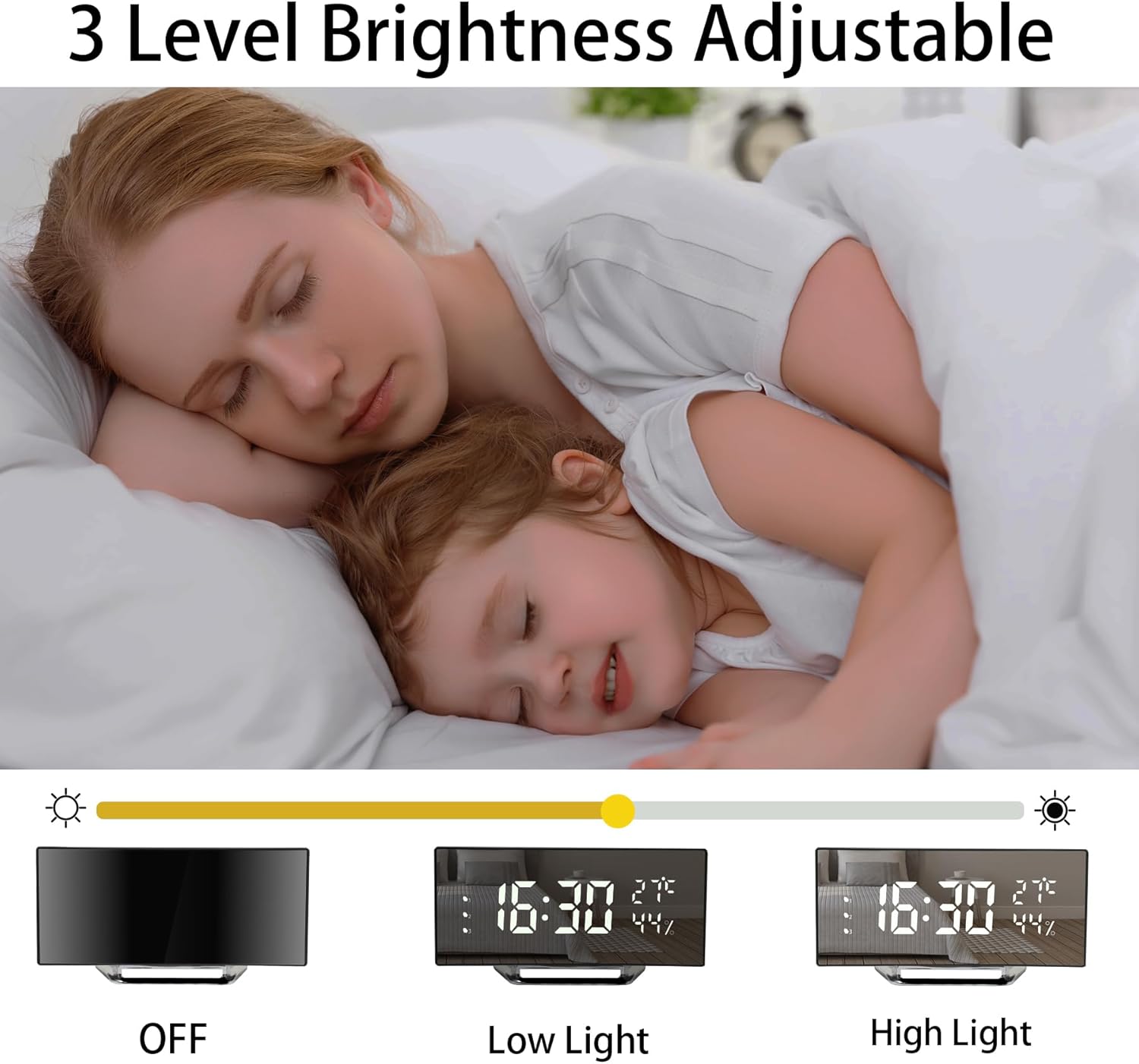 Reloj despertador digital, reloj despertador LED con diseño curvo moderno, 2 niveles de brillo+apagado, 3 alarmas, repetición, fuente de