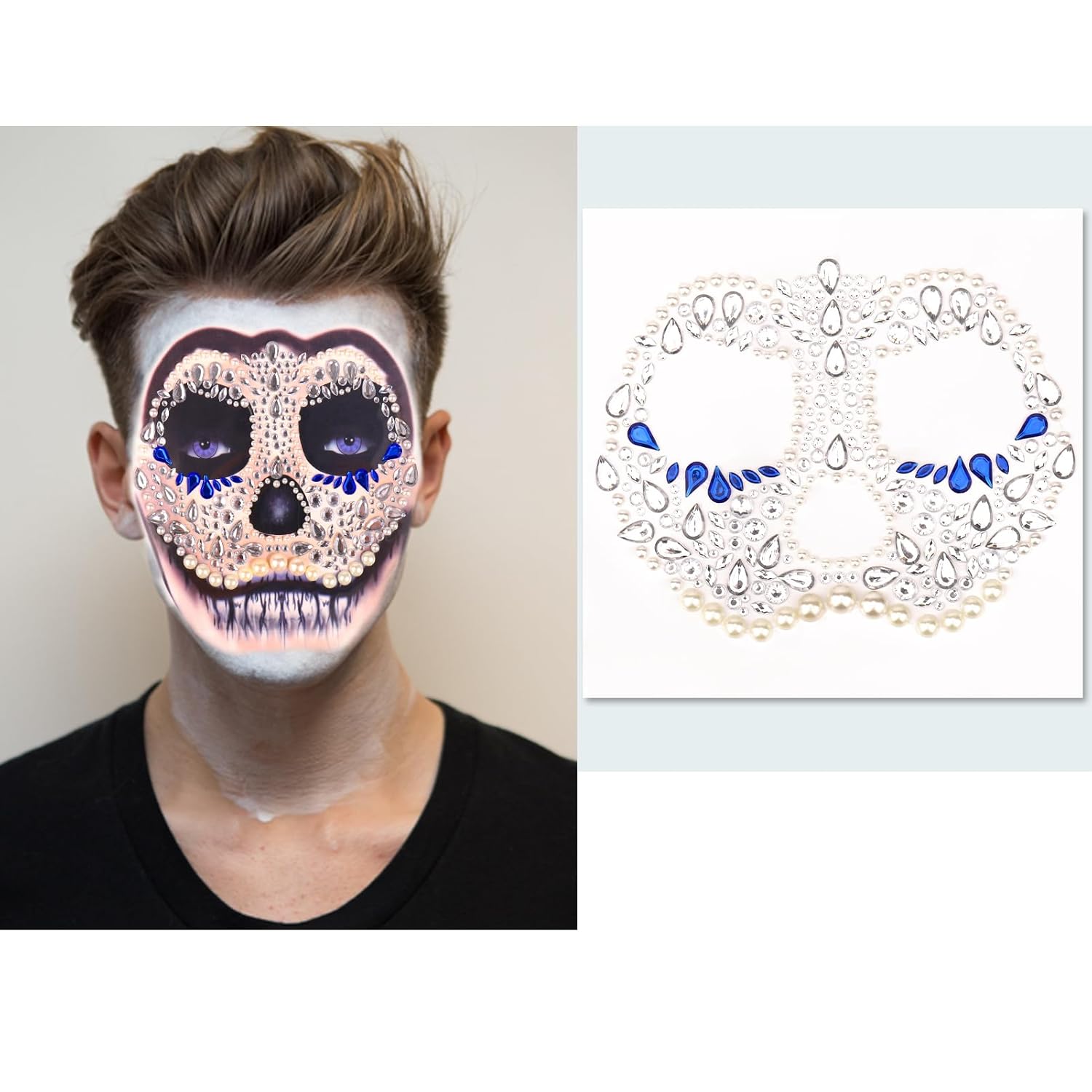 Calcomanías de joyas de Halloween para la cara, decoraciones de gemas de cara de Halloween, tatuajes temporales de calavera del día de los muertos,