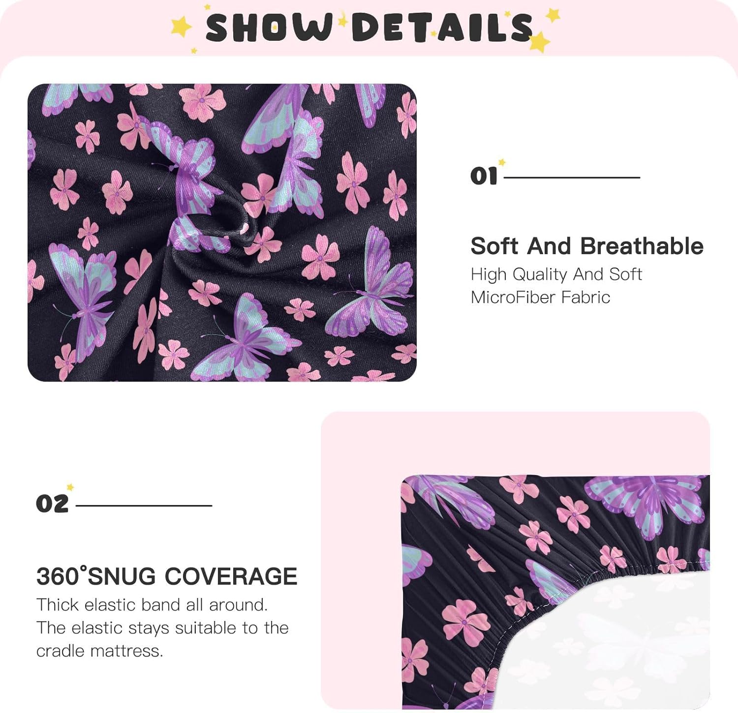 Sábanas bajeras ajustables para cuna, diseño floral, mariposas moradas, portátiles, para bebé y niño, colchón suave y transpirable para cuna de 39 x