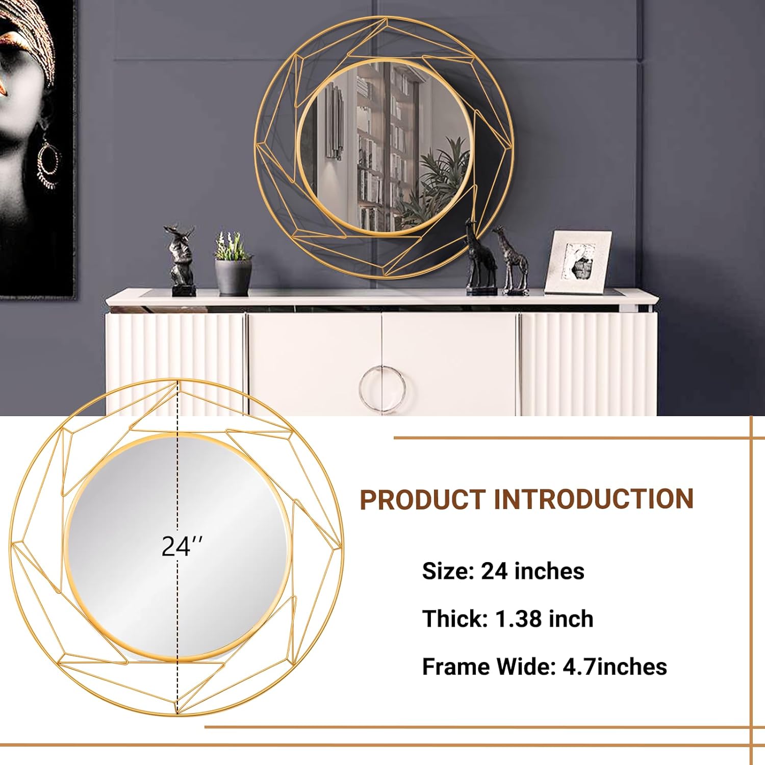 Espejos redondos dorados de 24 pulgadas para decoración de pared, espejo circular moderno, espejos decorativos para sala de estar, entrada,