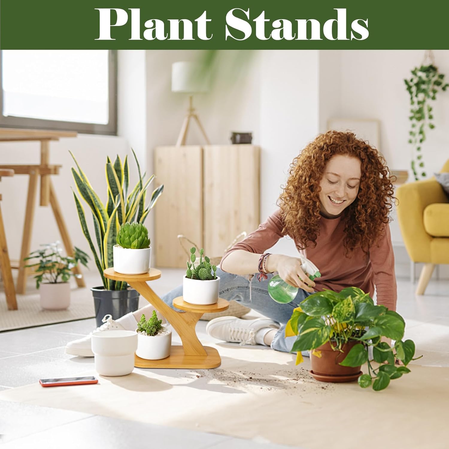 Soporte de bambú para plantas de interior, soporte para plantas de mesa pequeña, soporte de 3 niveles para alféizar de ventana suculentas, soporte