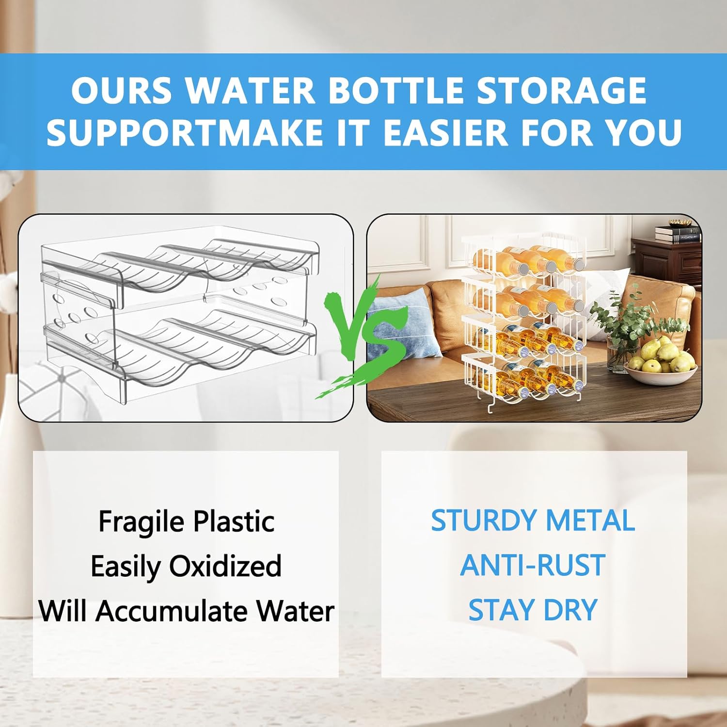 Paquete de 4 organizadores apilables para botellas de agua para gabinete. Soporte para botellas de agua para cocina, refrigerador y despensa,