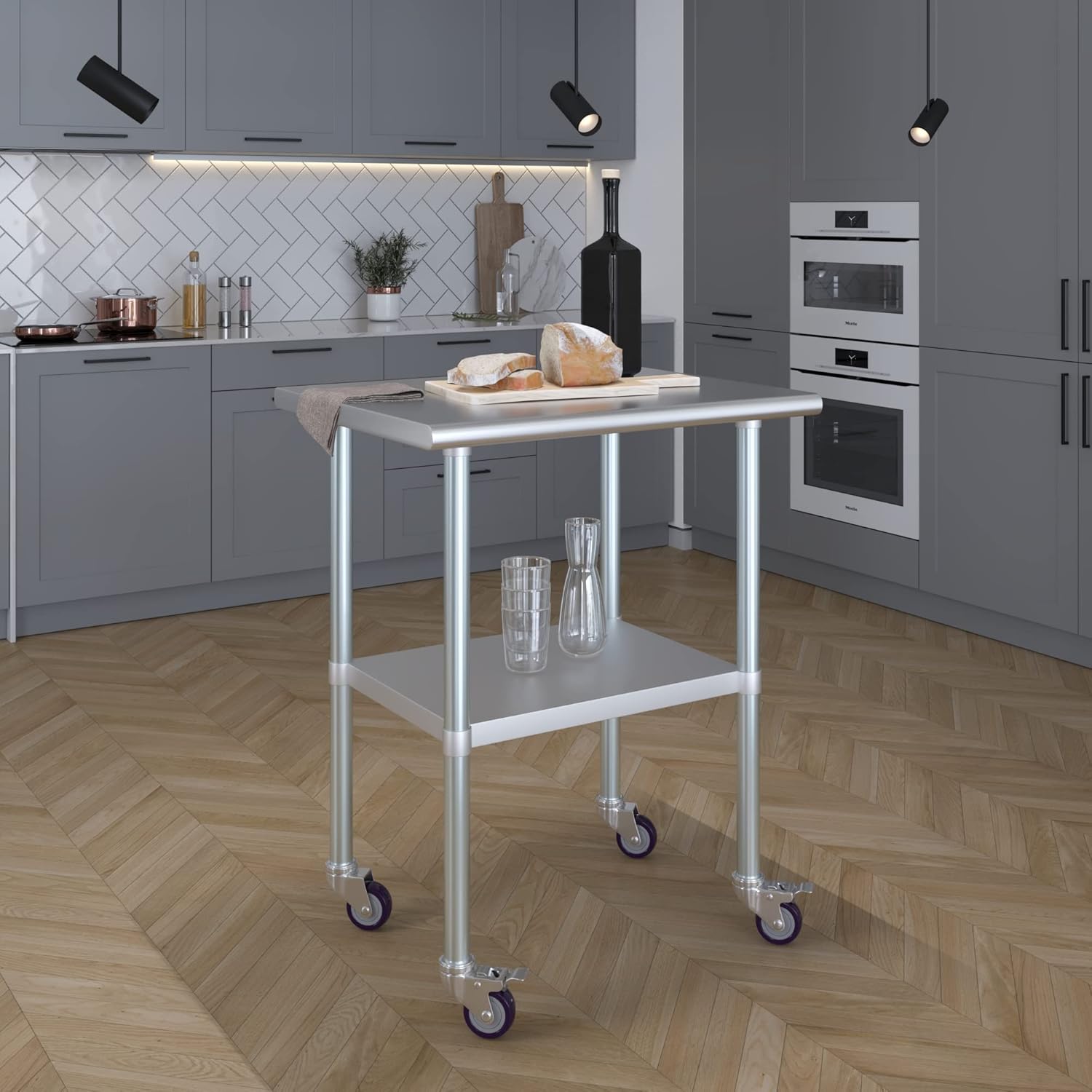 AmGood Mesa de trabajo de acero inoxidable de 24 x 30 pulgadas con ruedas, mesa de metal resistente sobre ruedas, carrito de isla de cocina