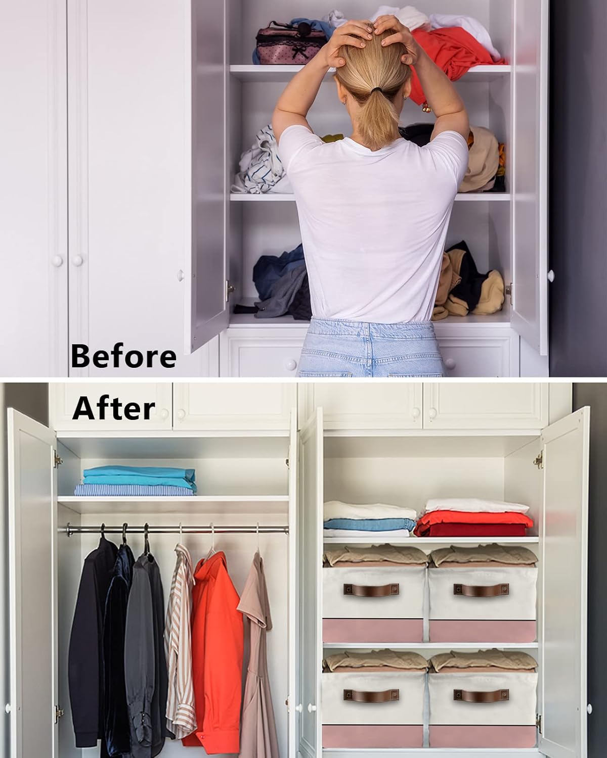 Cesta de almacenamiento geométrica rosa para organizar estantes, cajas de almacenamiento plegables con asa, bloque de color beige moderno, líneas