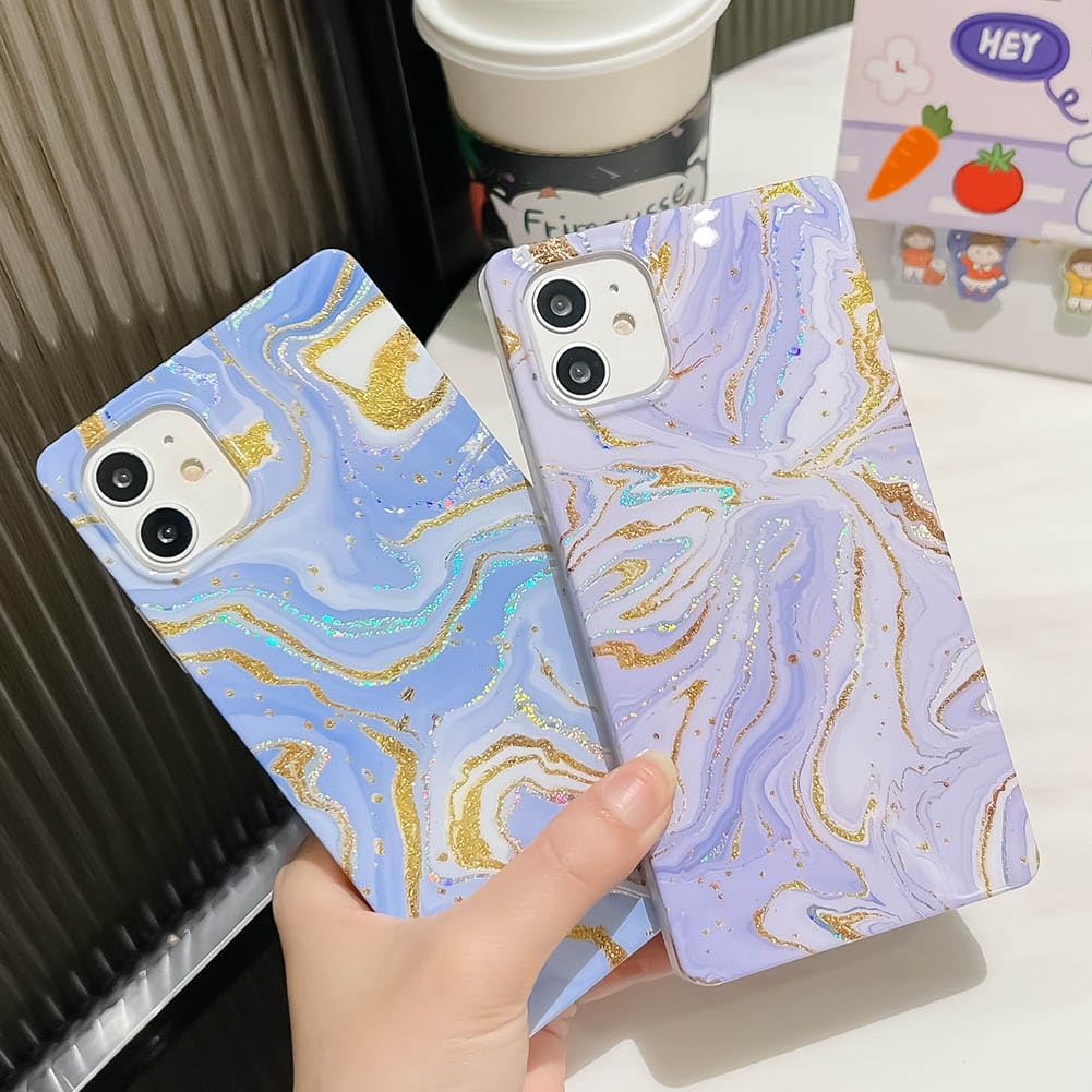 KERZZIL Funda de lujo con diseño de mármol con purpurina para iPhone 1212 Pro con borde cuadrado, elegante funda delgada de goma de silicona TPU