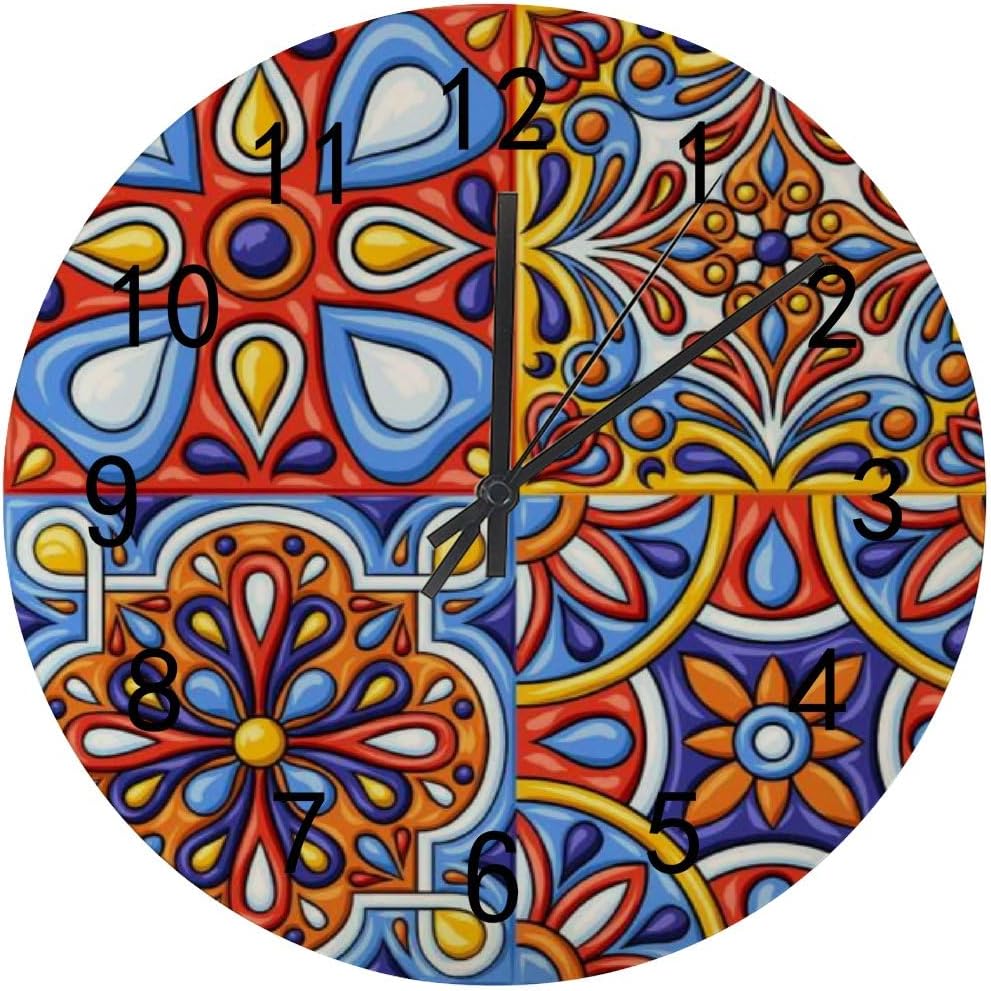 Reloj de pared redondo de madera de Talavera mexicana de 12 pulgadas, funciona con pilas, silencioso, sin tictac, fácil de leer, decoración de pared