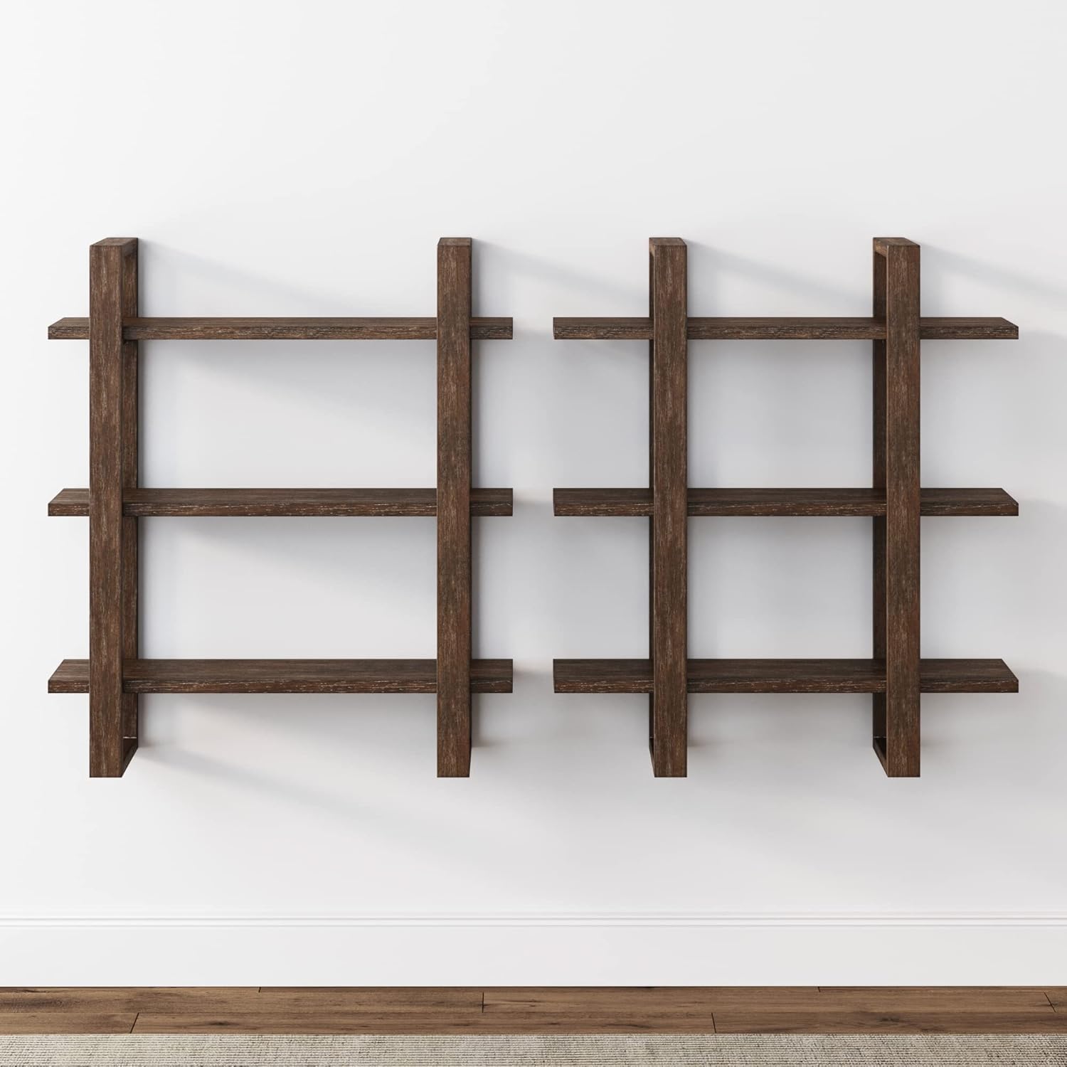 Nathan James Estantes flotantes de pared para libros, estante de exhibición de 3 niveles, estante modular decorativo en madera maciza para