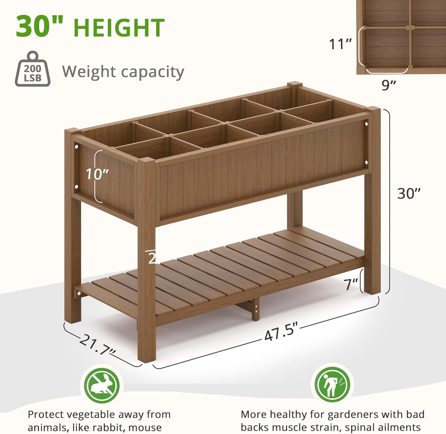 LUE BONA Cama de jardín elevada grande con herramientas y estante, 47 x 21 x 30 pulgadas, 8 bolsillos HDPS elevados para bricolaje con patas, sin