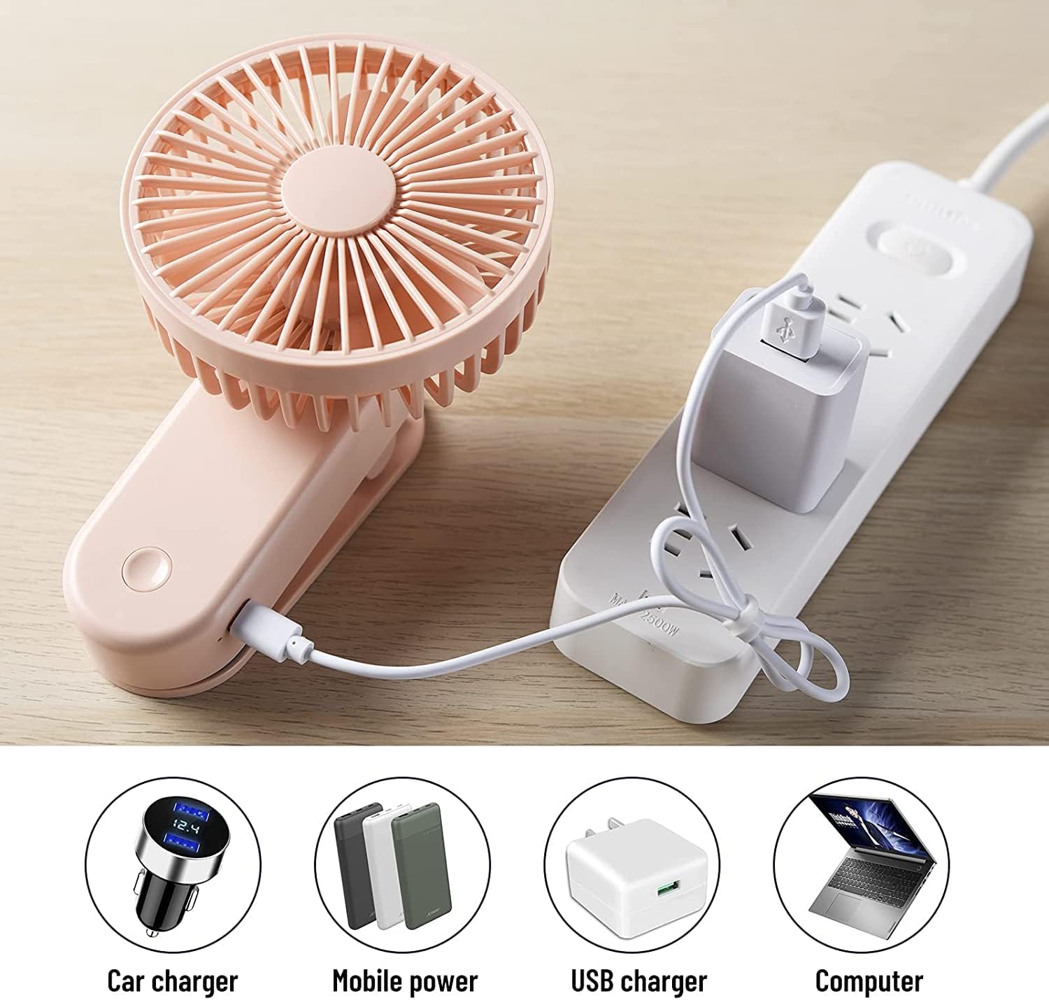 Mini ventilador de escritorio portátil con clip, 2400 mA recargable USB, funciona con pilas, ventilador de cochecito con magnético, rosa