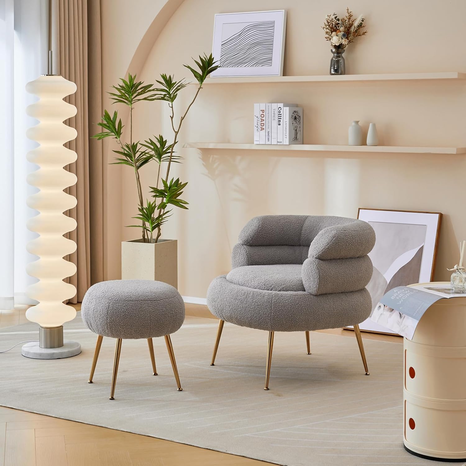 Modern Accent Chair with Ottoman,Teddy Fleece Velvet Comfy Reading Chair Leisure Armchairs Lounge Single Sofa Couch for Small Space, Apartment,