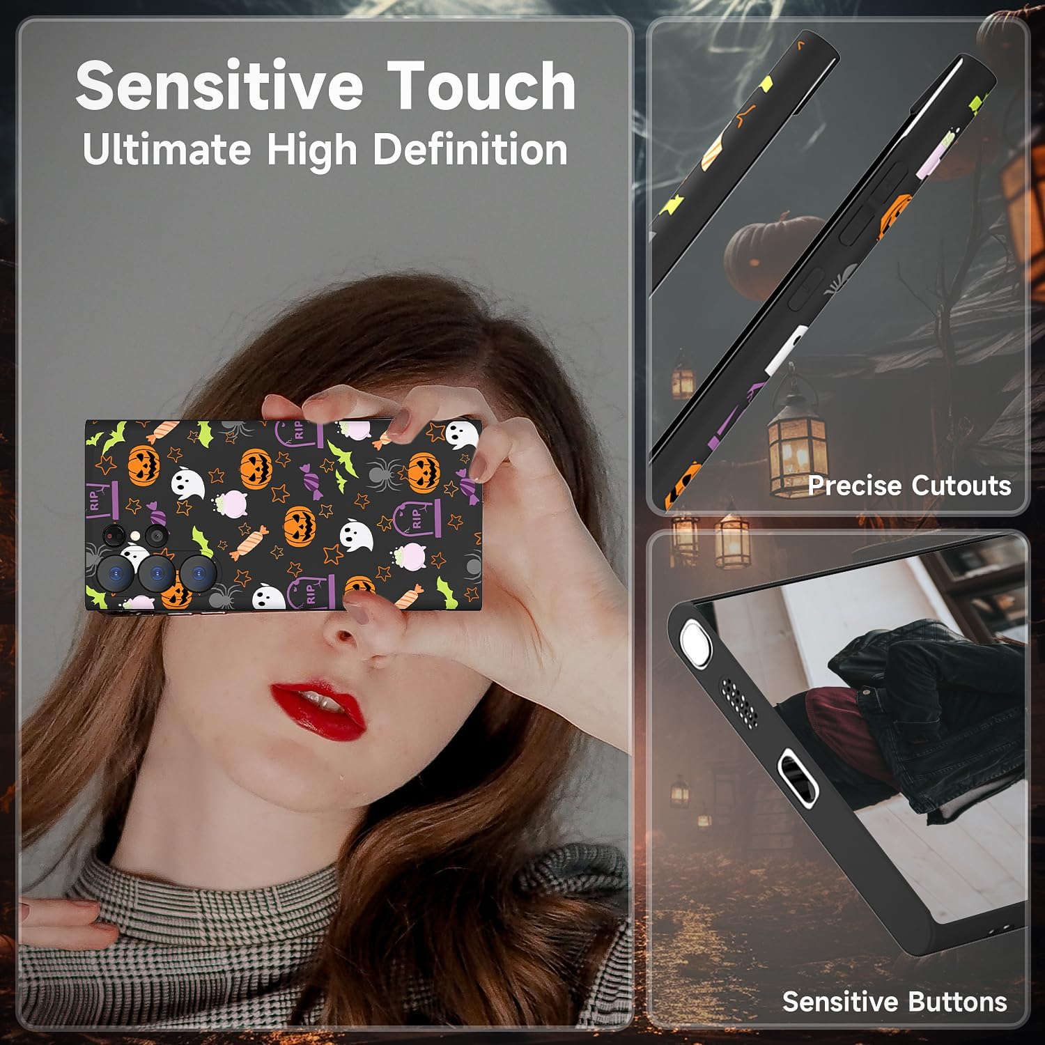 Funda de teléfono de Halloween compatible con Samsung Galaxy S22 Ultra con murciélago, calabaza, caramelo, araña, fantasma, Halloween, funda negra