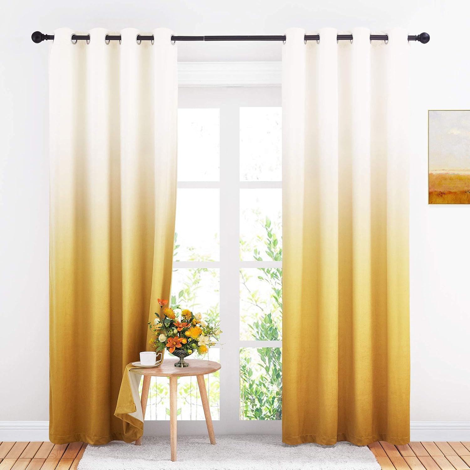 StangH Cortinas de terciopelo dorado degradado estampado degradado de color blanco crema sobre tela de terciopelo blanco crema, cortinas con ojales