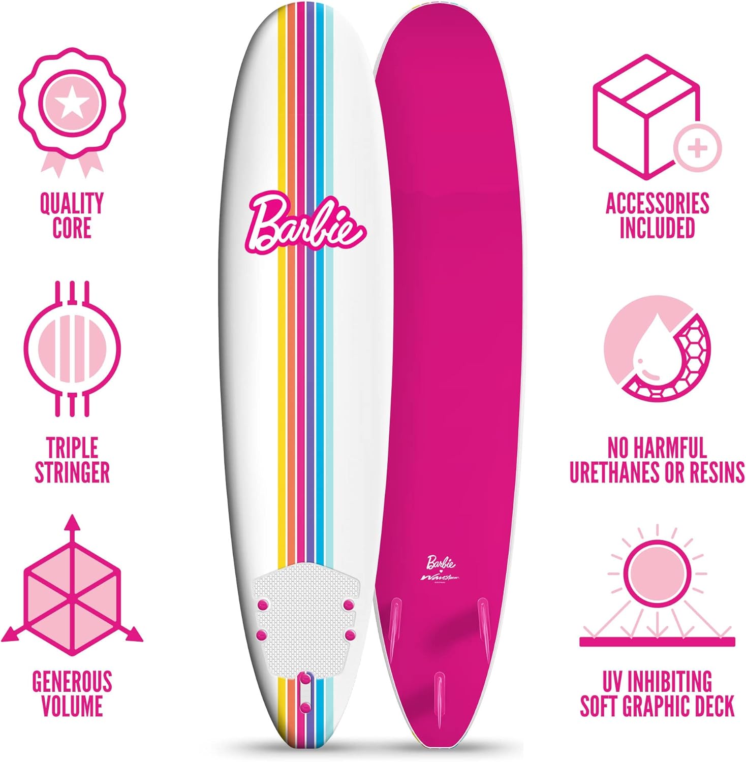 Barbie Signature – Tabla de surf de 8 pies de Wavestorm  Cubierta superior gráfica con parte inferior lisa de alta densidad  para niños y adultos