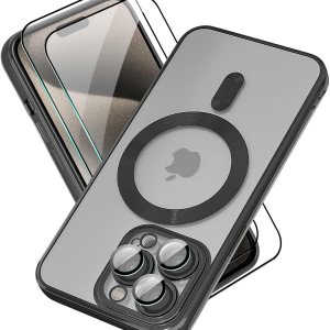 Yetagso Funda magnética para iPhone 15 Pro Max, funda delgada galvanizada transparente para iPhone 15 Pro Max con película protectora de pantalla, a Yetagso Funda magnética para iPhone 15 Pro Max, funda delgada galvanizada transparente para iPhone 15 Pro Max con película protectora de pantalla, a