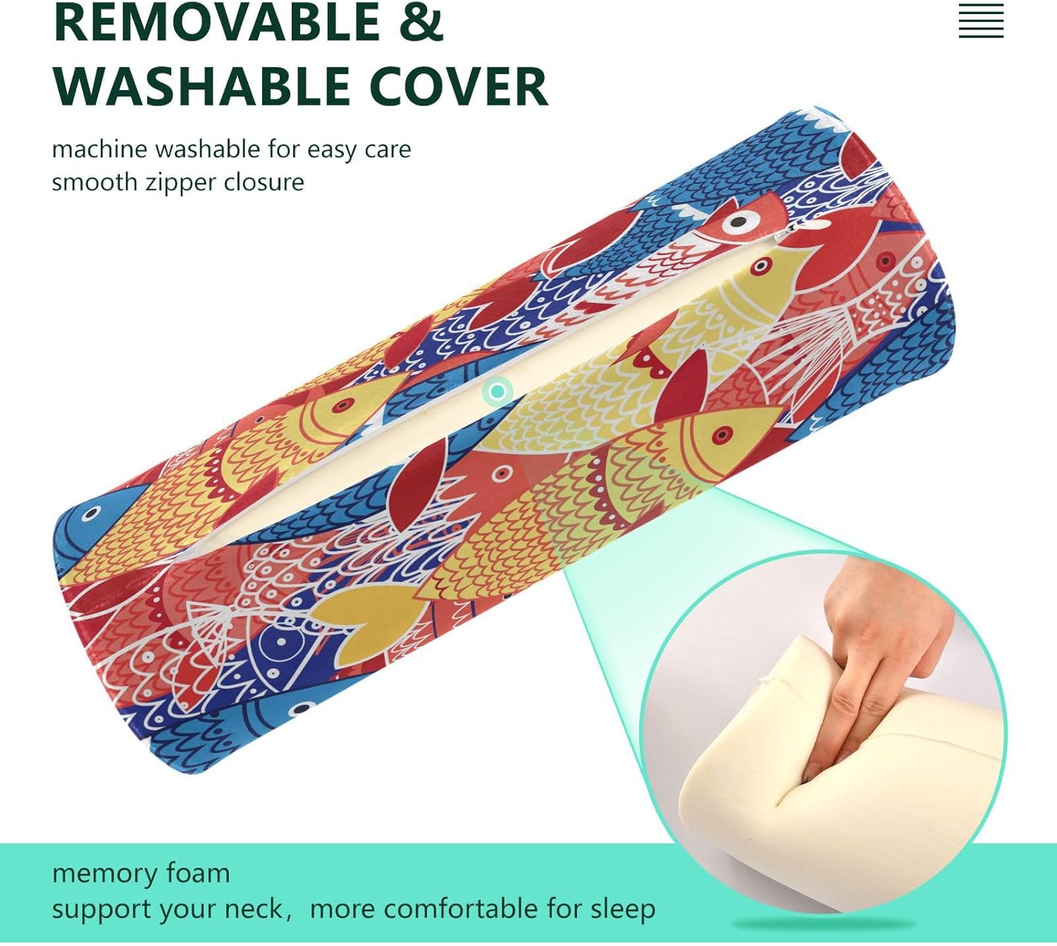 KLL Bright Colorful Fish on Blue Bolster Pillow Cervical Neck Roll Pillow Cover Soft Round Pillow Foam Cylinders Legs Support Pillow