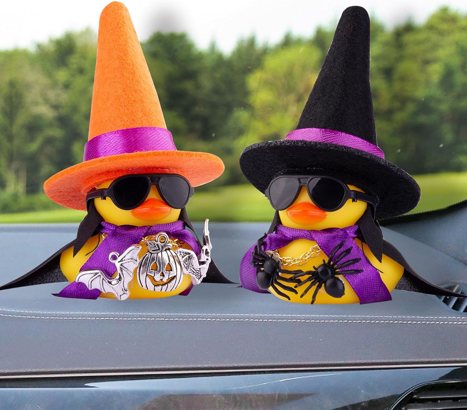 MuMyer Adornos de pato de goma para automóvil, decoraciones de tablero de automóvil con mini sombrero de bruja, gafas de sol, collar, accesorios de