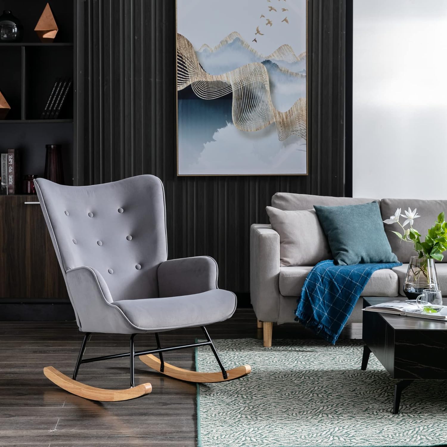 Mecedora de terciopelo para habitación del bebé, silla mecedora para interiores con respaldo de ala, con base de madera maciza, cómoda silla