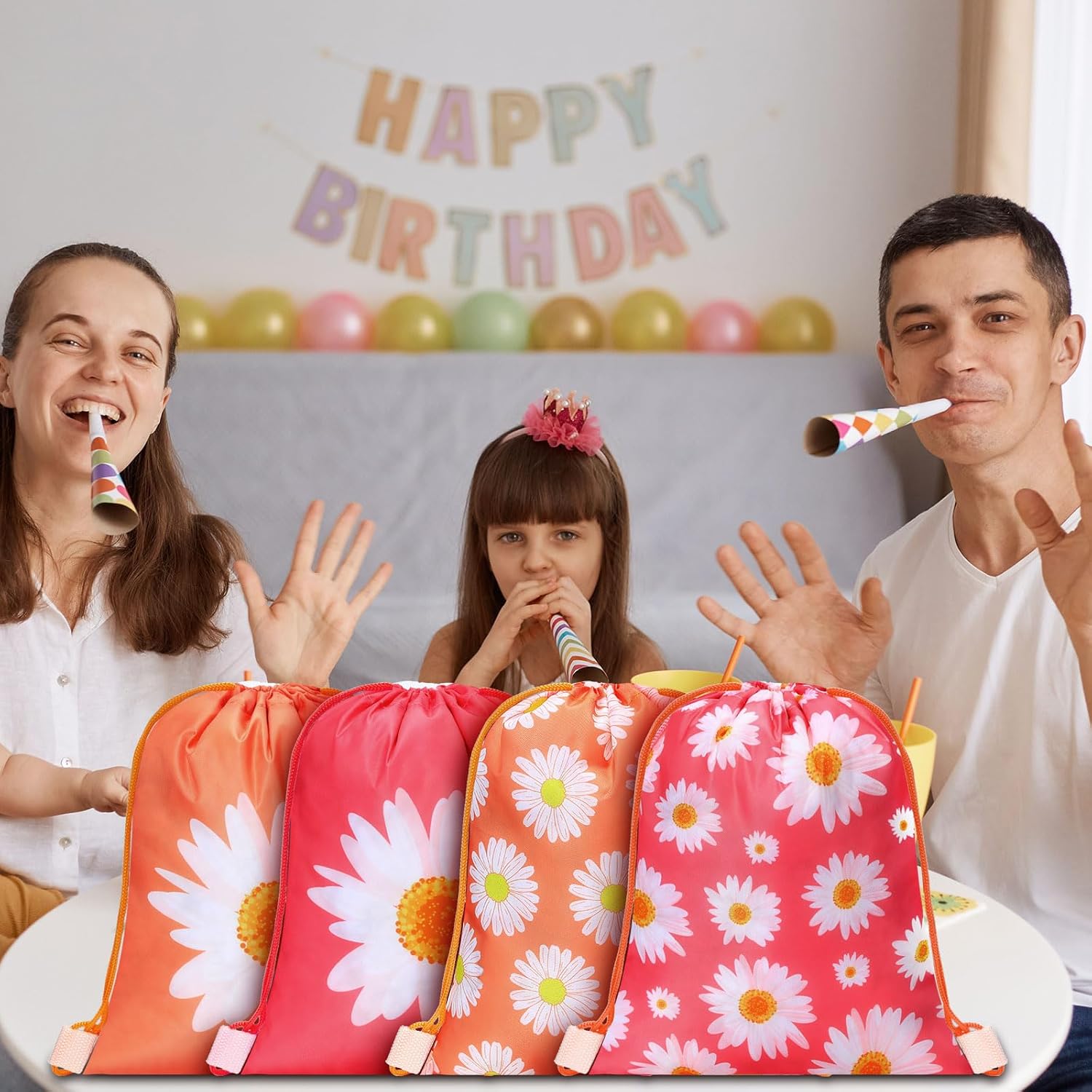 Paquete de 12 bolsas con cordón de flores de margarita, suministros de fiesta de cumpleaños, bolsas de regalo de flores de margarita, bolsas de