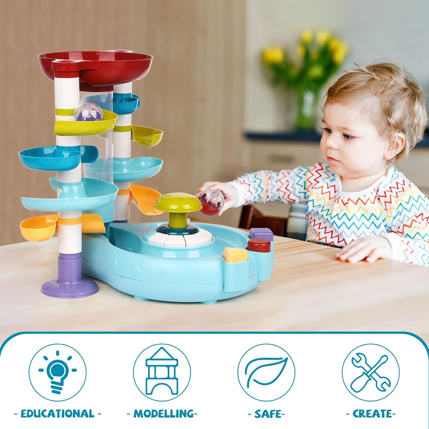 Torre giratoria de bola de 4 capas para bebés y niños pequeños, juguete de bola ocupada con iluminación musical, rampa de carreras de bolas para el