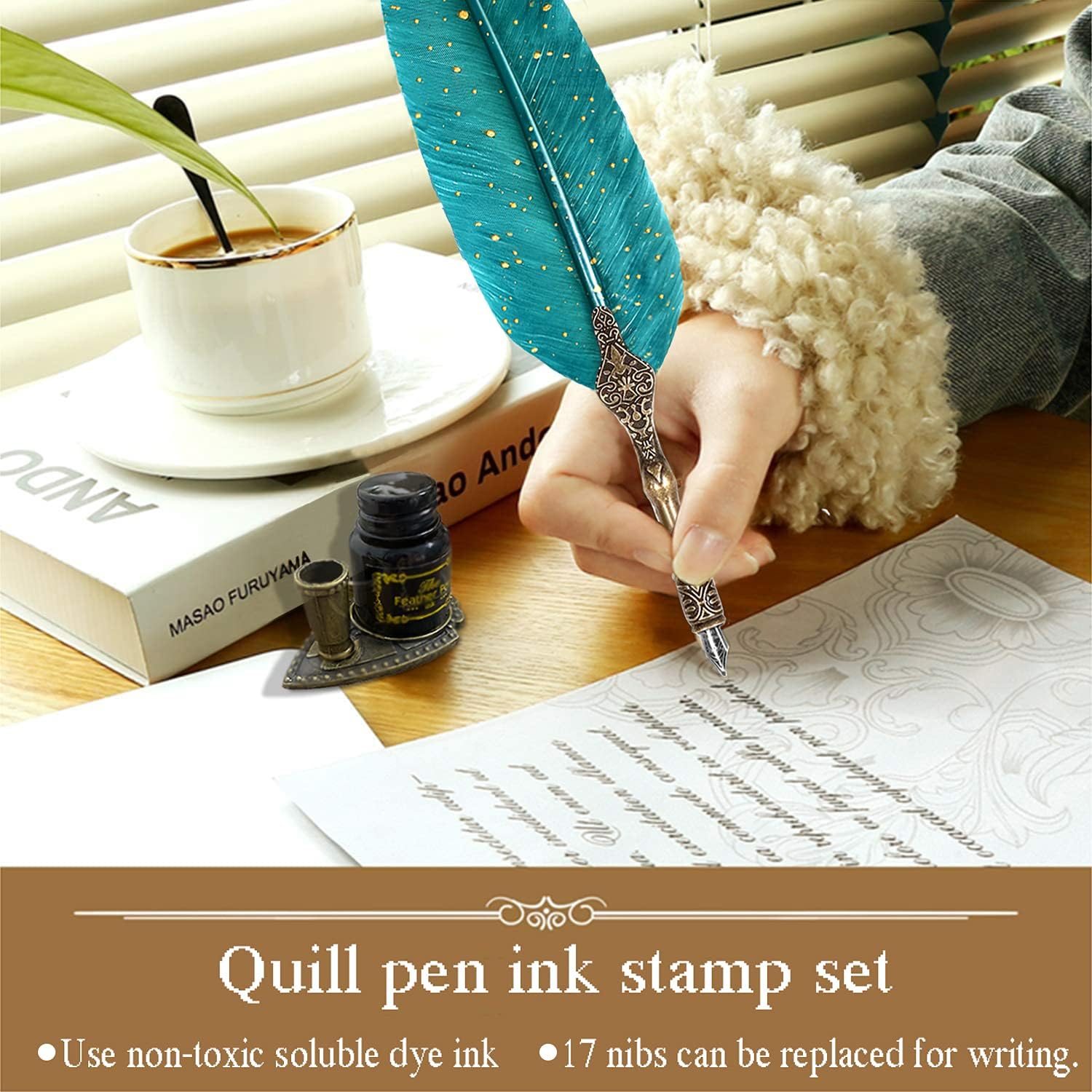Juego de tinta para caligrafía de plumas, incluye bolígrafo y bolígrafo de inmersión de madera, tinta, 17 puntas de repuesto, base para bolígrafo, 3