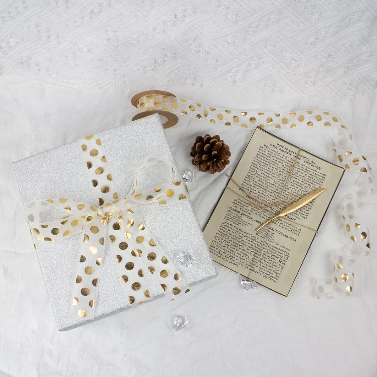 Cinta de lunares de 1 pulgada, cintas de organza impresas con puntos dorados para envolver regalos, lazos para el pelo, manualidades, invitación de