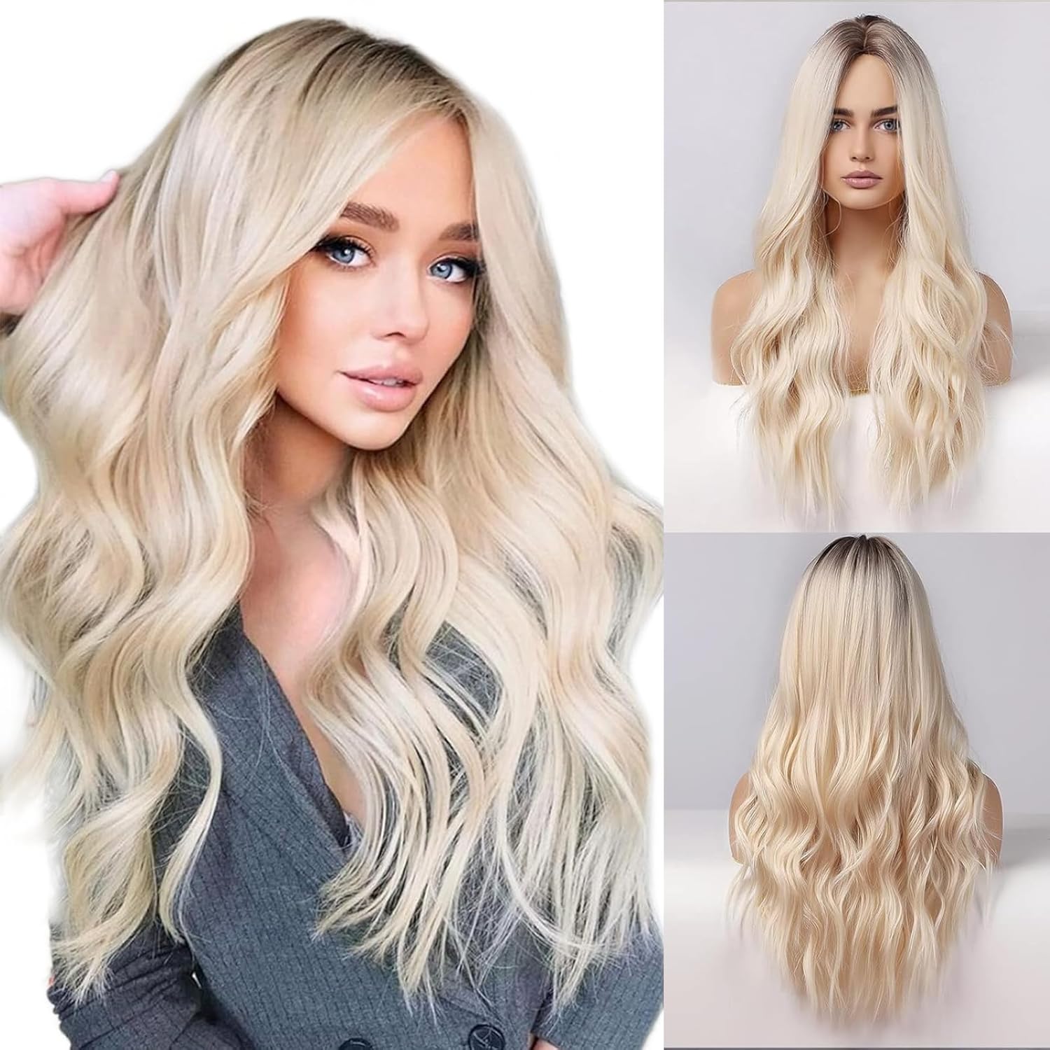 HAIRCUBE Pelucas rubias largas para mujer, pelo sintético rizado ondulado con raíces oscuras