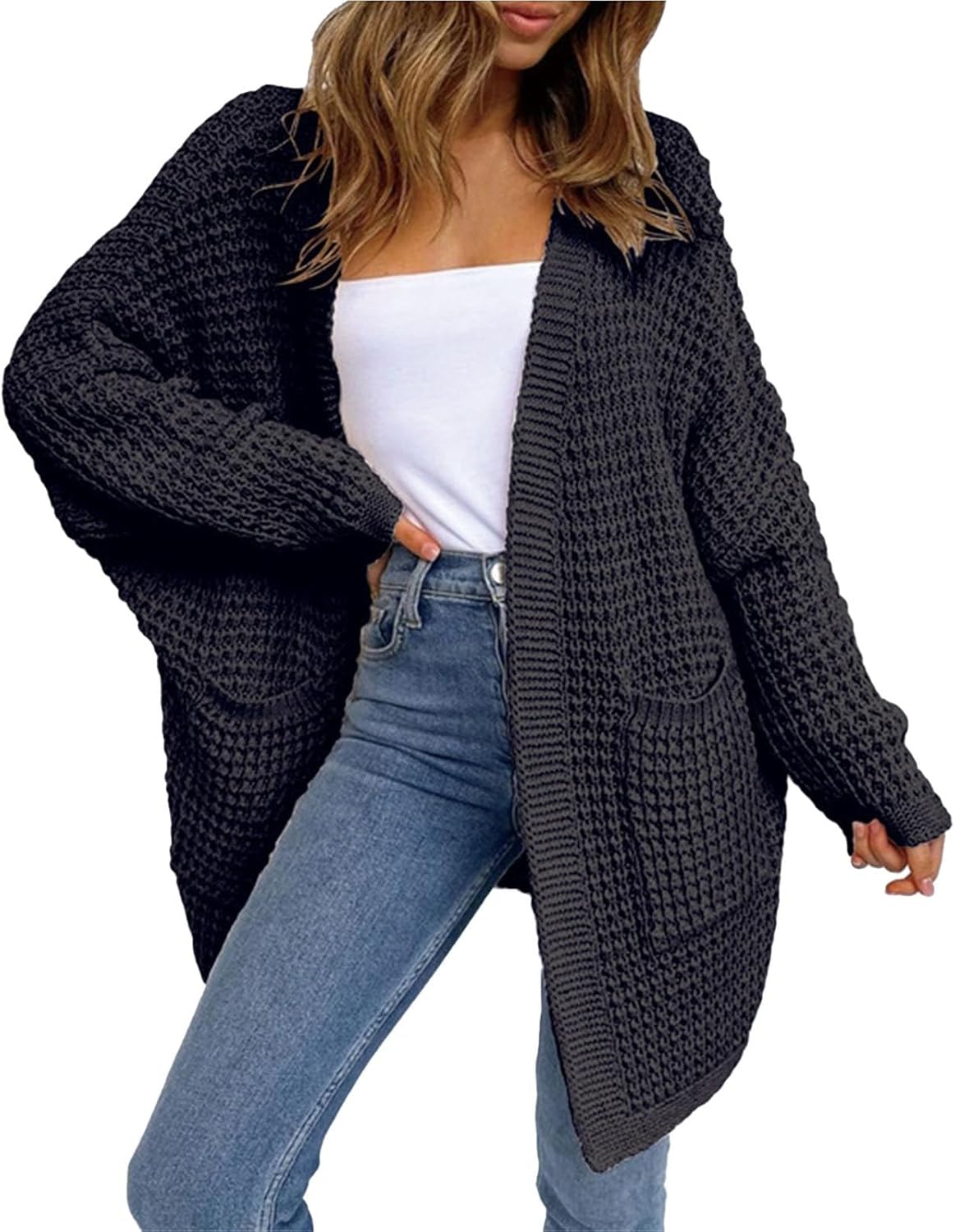 Cárdigan de punto grueso con frente abierto para mujer, suéter de manga larga, acanalado, ligero, elegante, casual, para exteriores