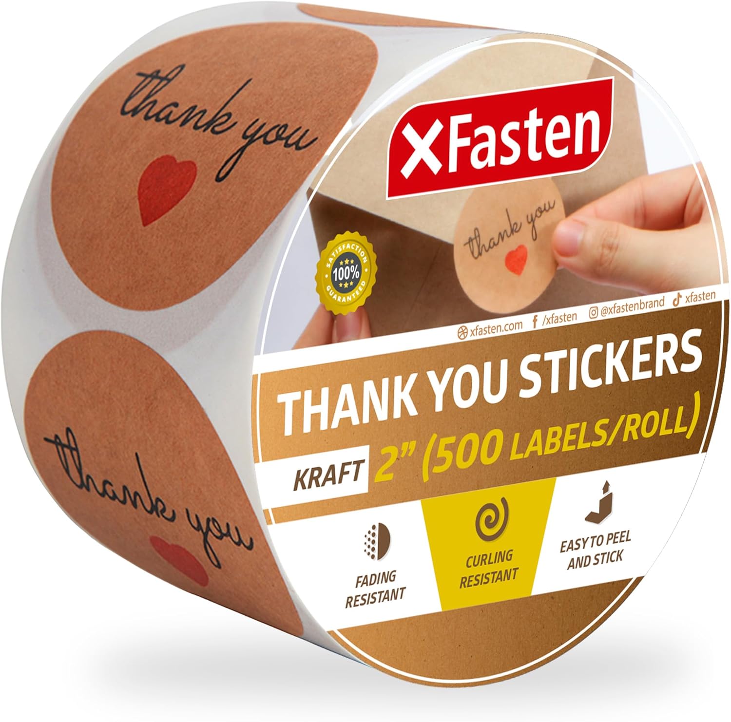 XFasten Rollo de calcomanías de agradecimiento Kraft para pequeñas empresas, 500 etiquetas redondas de agradecimiento de 2 pulgadas, aptas para