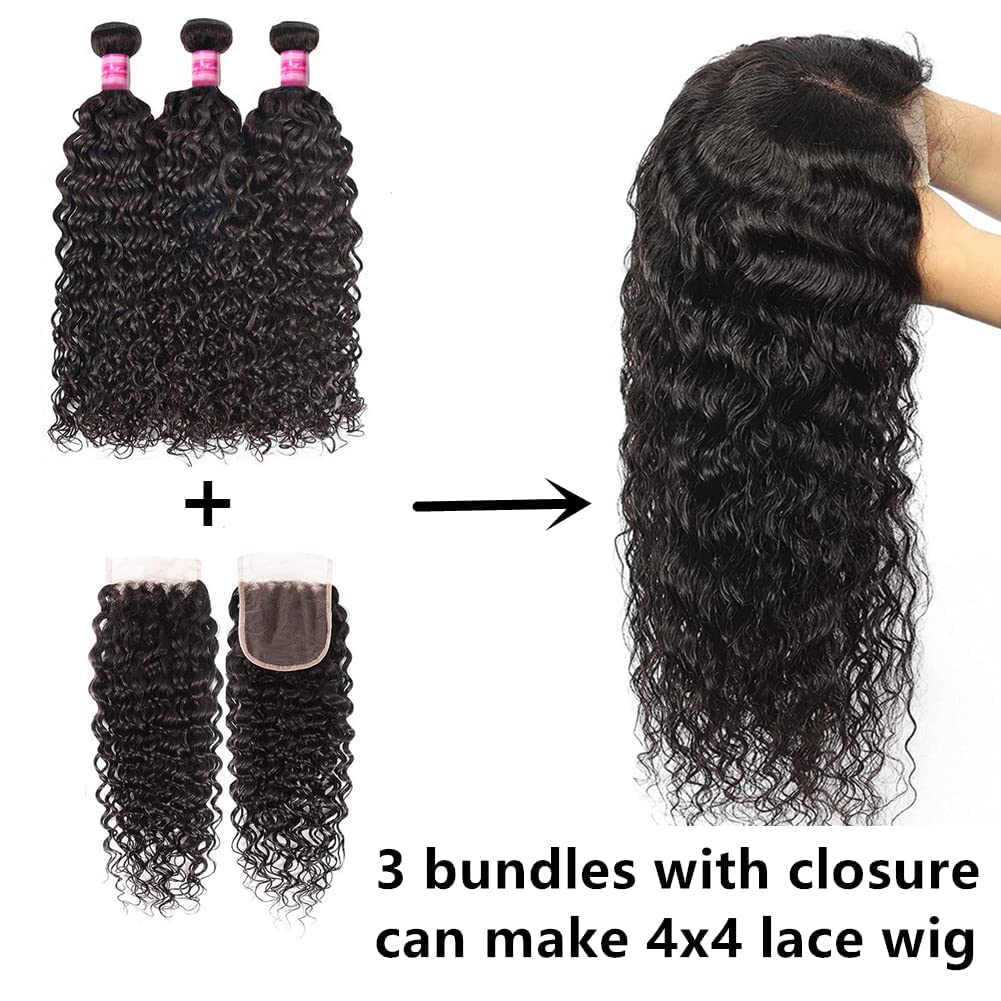 Paquetes de cabello ondulado con cierre, 100% cabello virgen brasileño sin procesar, 3 paquetes con cierre de encaje 4×4 con parte libre de pelo de