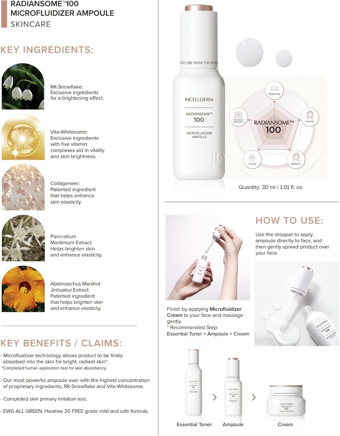 INCELLDERM Radiansome 100 Premium Korean K-Beauty Skin Care Set tóner esencial microfluidizador (3.3 fl oz), ampolla (1 fl oz), crema (1.7 fl oz)
