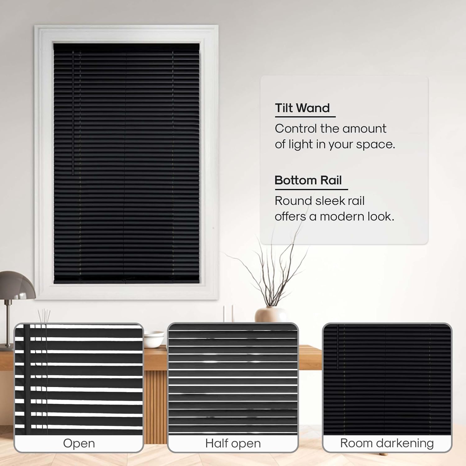 Mini persianas sin cordón para ventana, con listones de 1 pulgada para oscurecer la habitación (negro, 27 x 64 pulgadas)