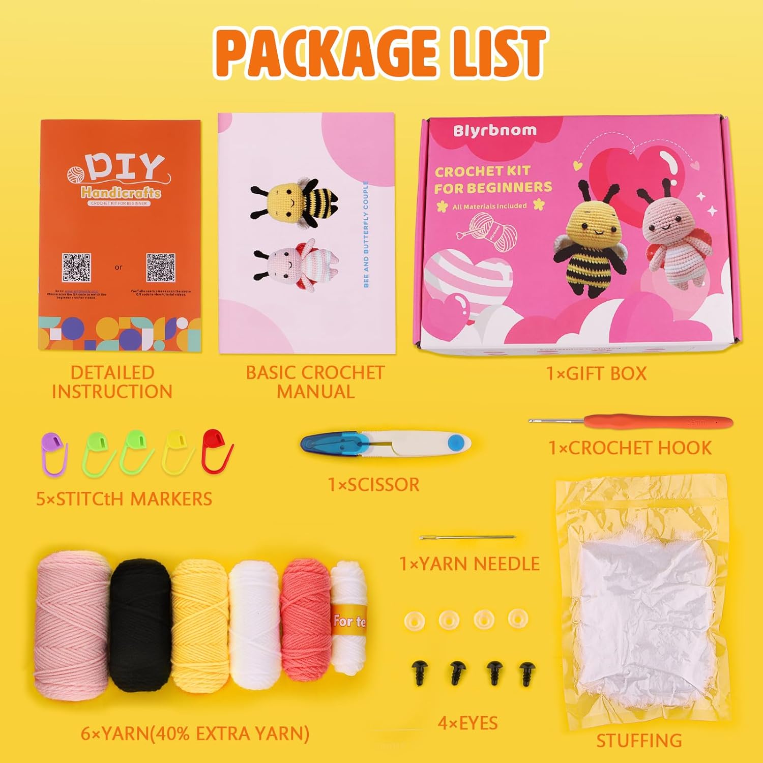 Blyrbnom Amigurumi – Kit de ganchillo para principiantes, kits de animales de ganchillo con tutoriales en video paso a paso, paquete de inicio de