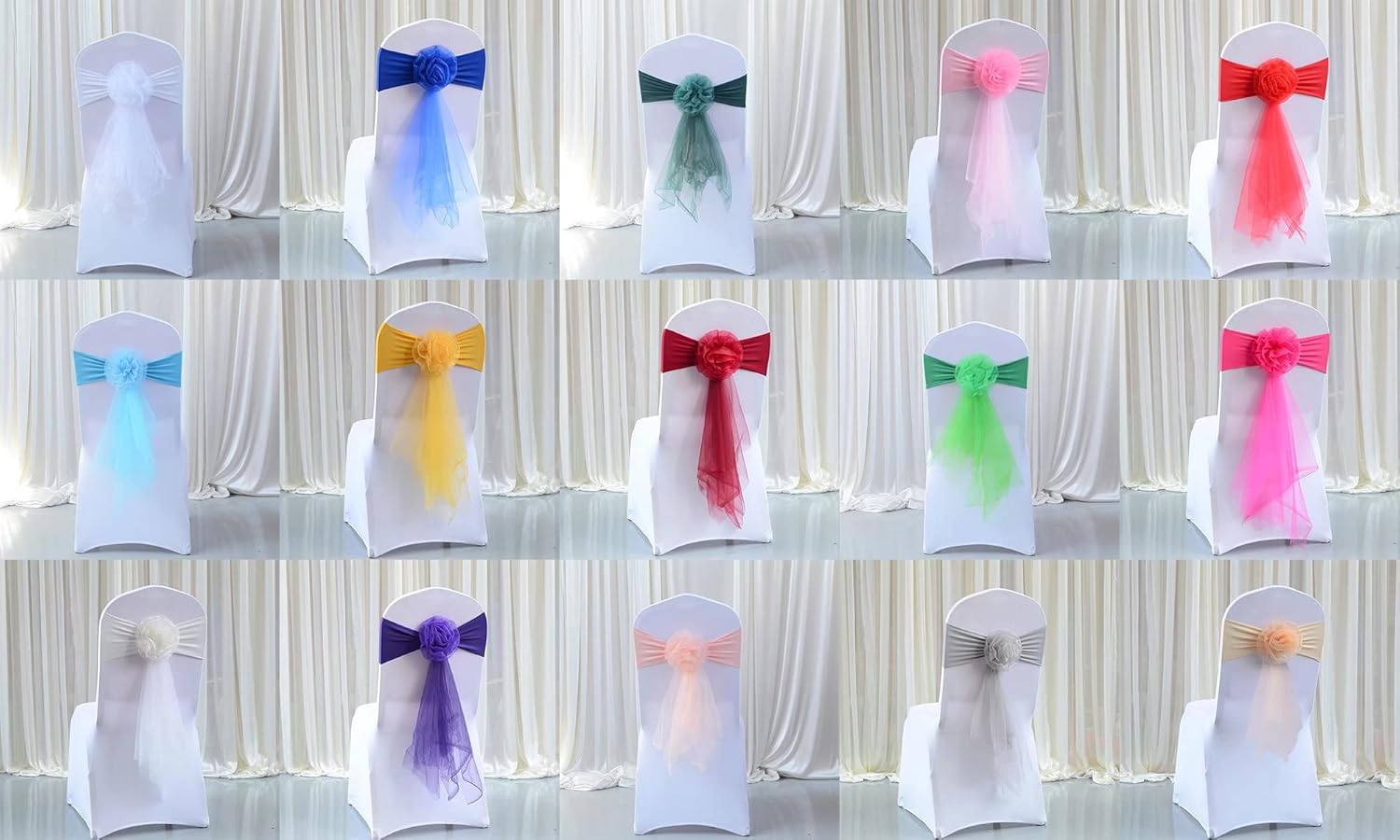 Paquete de 6 bandas elásticas de elastano para silla, cinta de organza floral para boda, fiesta, cumpleaños, baile, fiesta, celebración, decoración