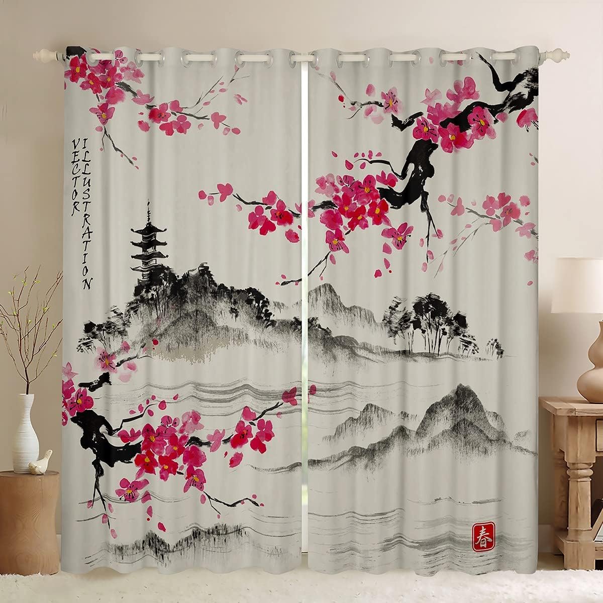 Cortinas de ventana con diseño de cerezo en flor para dormitorio, sala de estar, cortinas japonesas de montaña Fuji para niños y niñas, cortinas de
